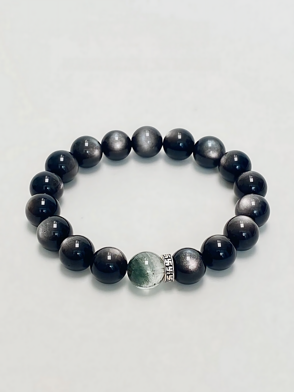 Silver Obsidian & Green Phantom Quartz Bracelet