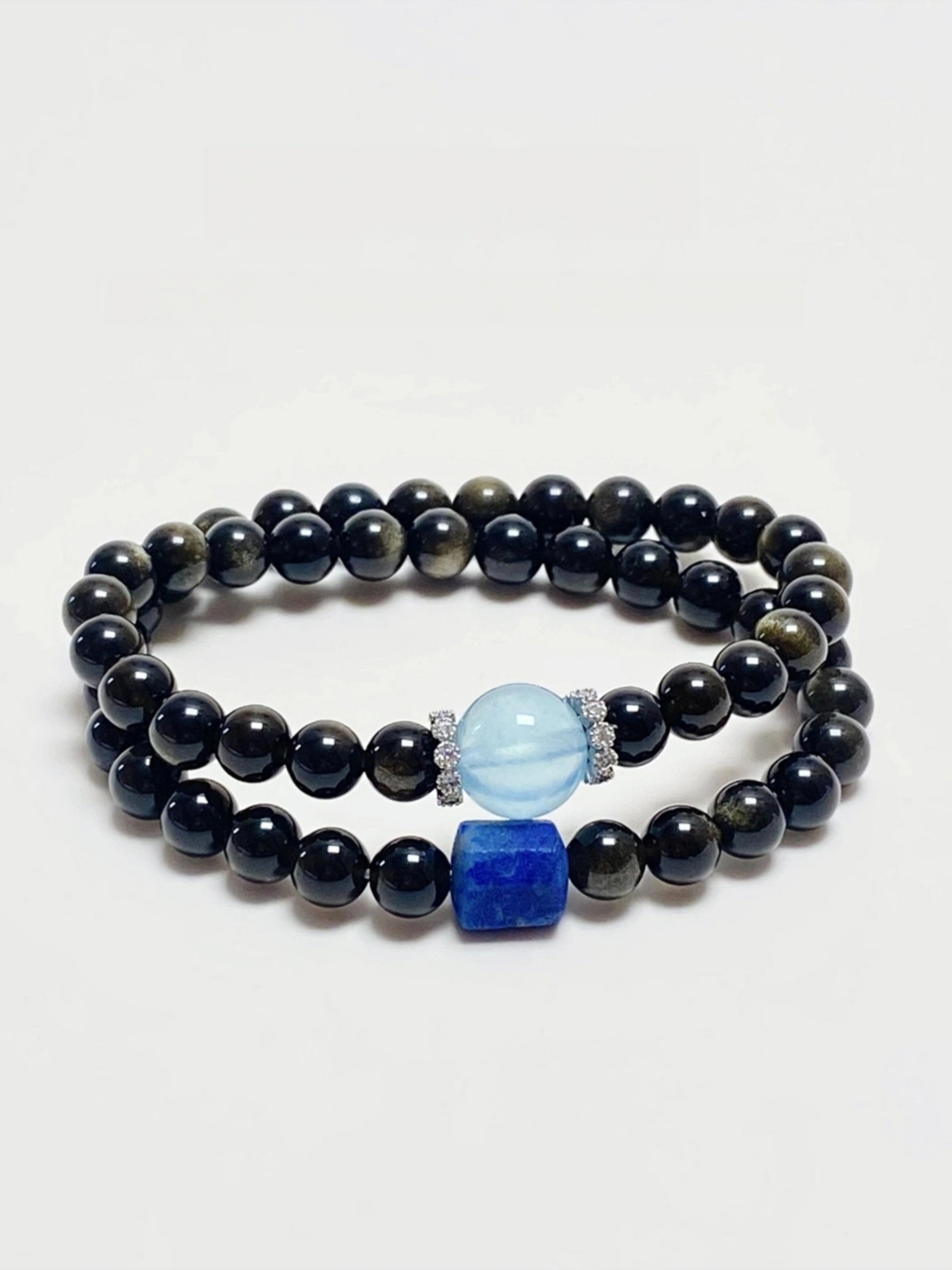 Natural Obsidian, Aquamarine & Lapis Lazuli Double Layer Bracelet