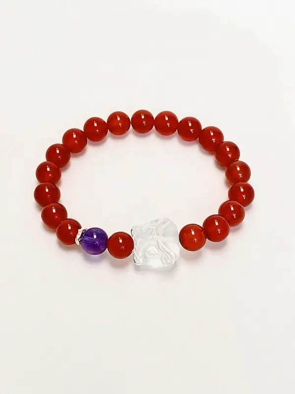Red Agate & Clear Quartz Lion Charm Bracelet