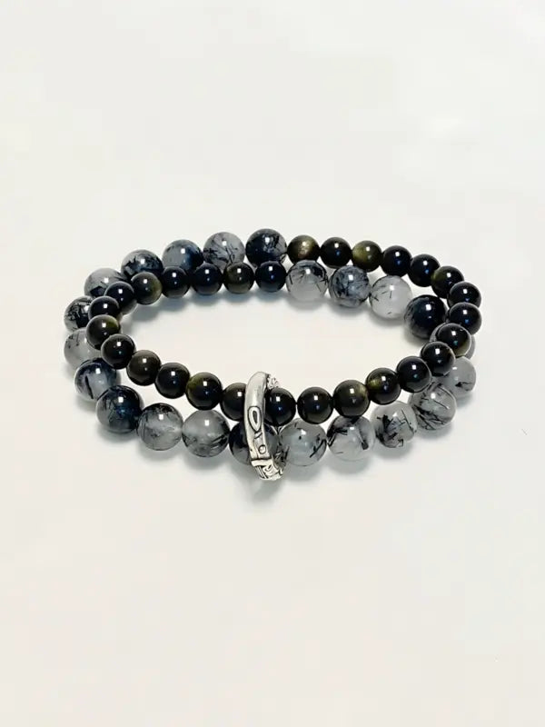Black Rutilated Quartz & Gold Sheen Obsidian Bracelet