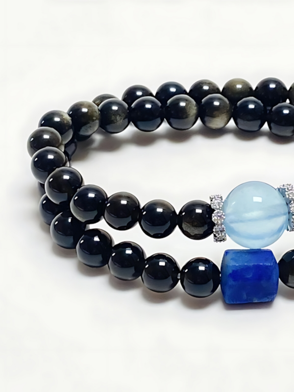 Natural Obsidian, Aquamarine & Lapis Lazuli Double Layer Bracelet