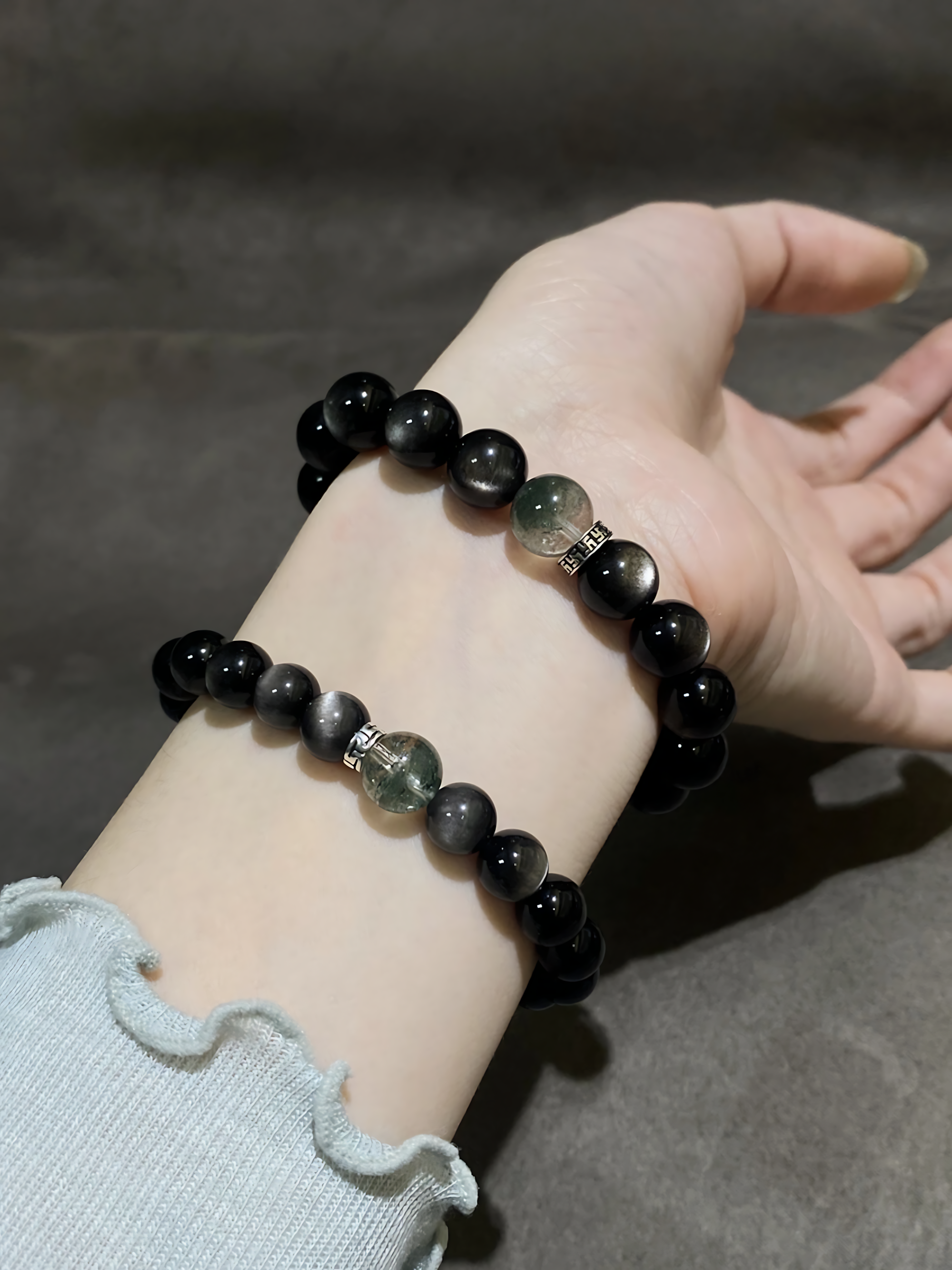 Silver Obsidian & Green Phantom Quartz Bracelet