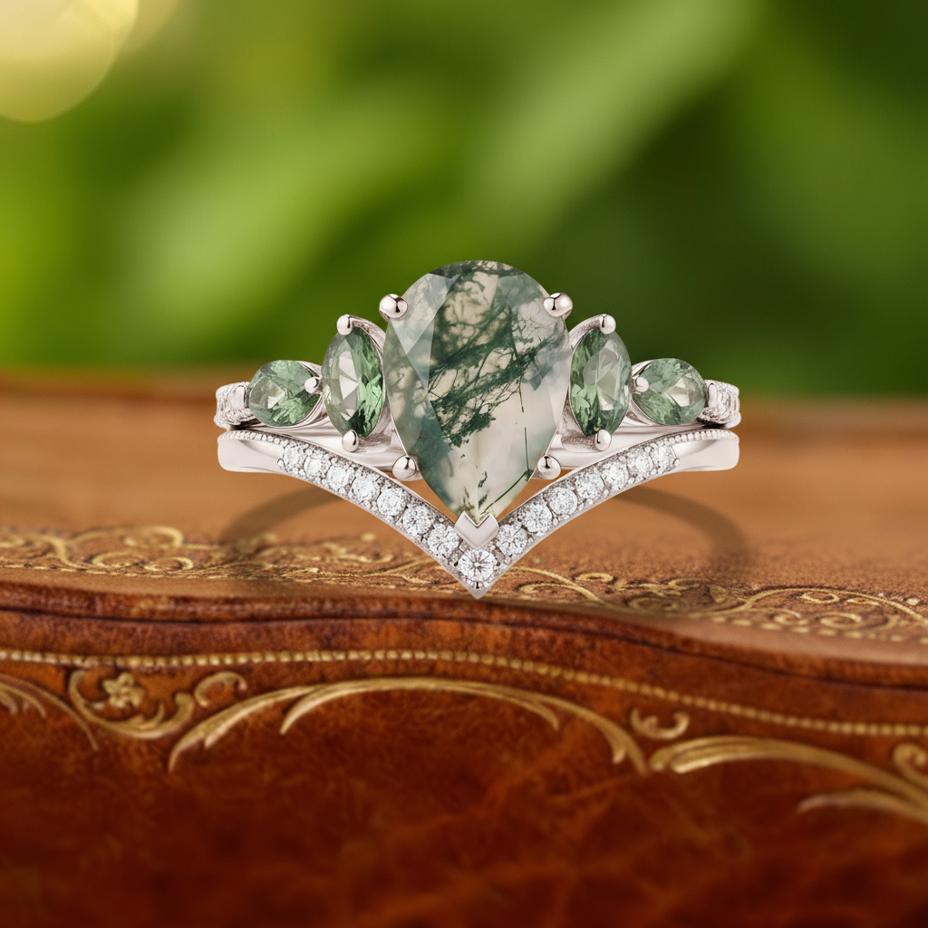Misty Grove | Kite-Cut Moss Agate & Green Gem Vine Statement Ring in Rose Gold - Sylph Solitaire
