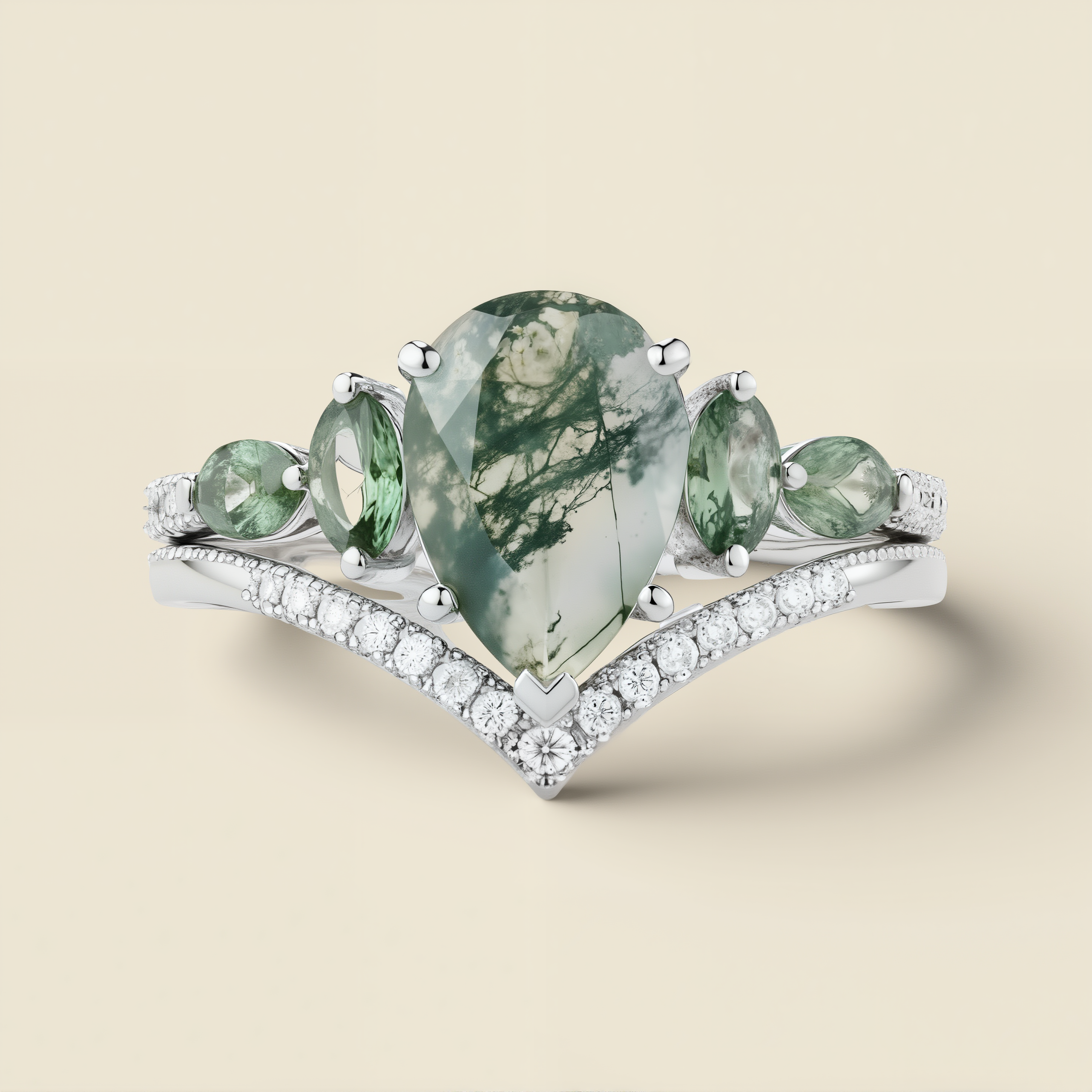 Misty Grove | Kite-Cut Moss Agate & Green Gem Vine Statement Ring in Rose Gold - Sylph Solitaire
