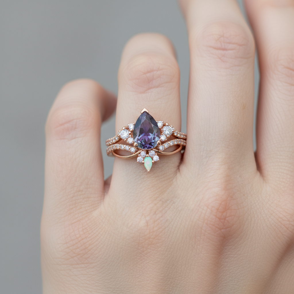 Twilight Dream | Pear Lab Alexandrite & Opal Pave Statement Ring in Rose Gold - Aurora Solitaire
