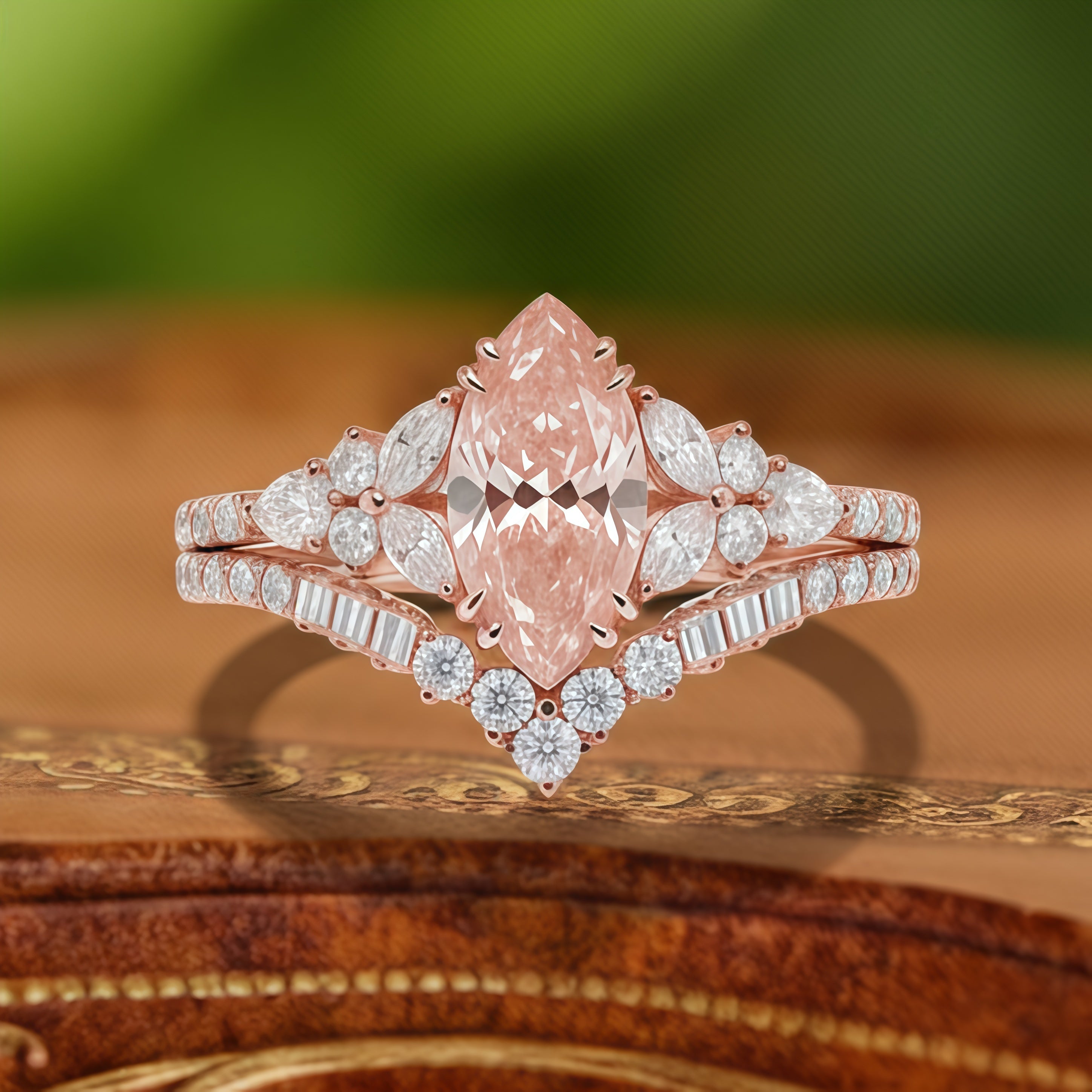Celeste - Marquise Cut Morganite & Diamond Halo Engagement Ring