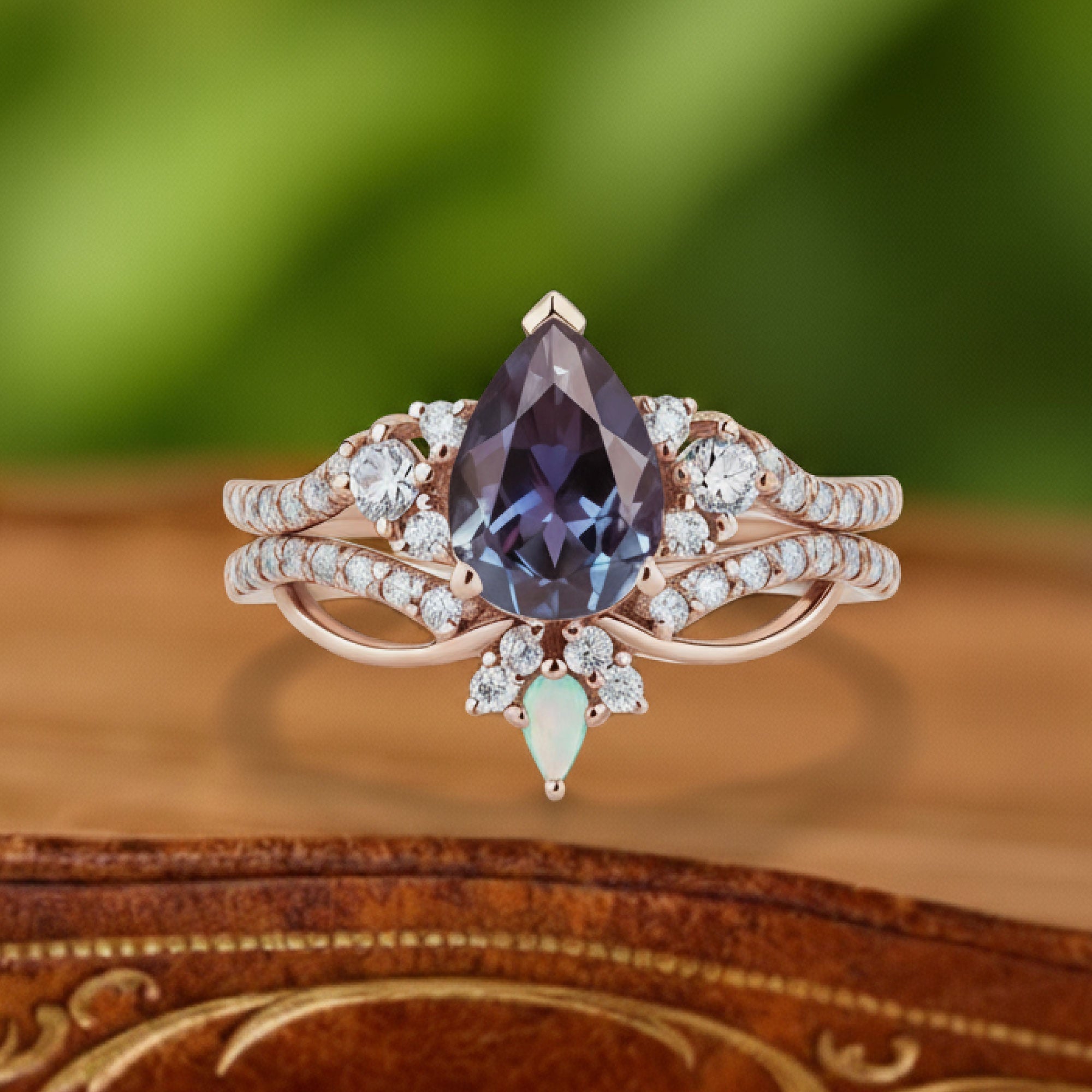 Twilight Dream | Pear Lab Alexandrite & Opal Pave Statement Ring in Rose Gold - Aurora Solitaire