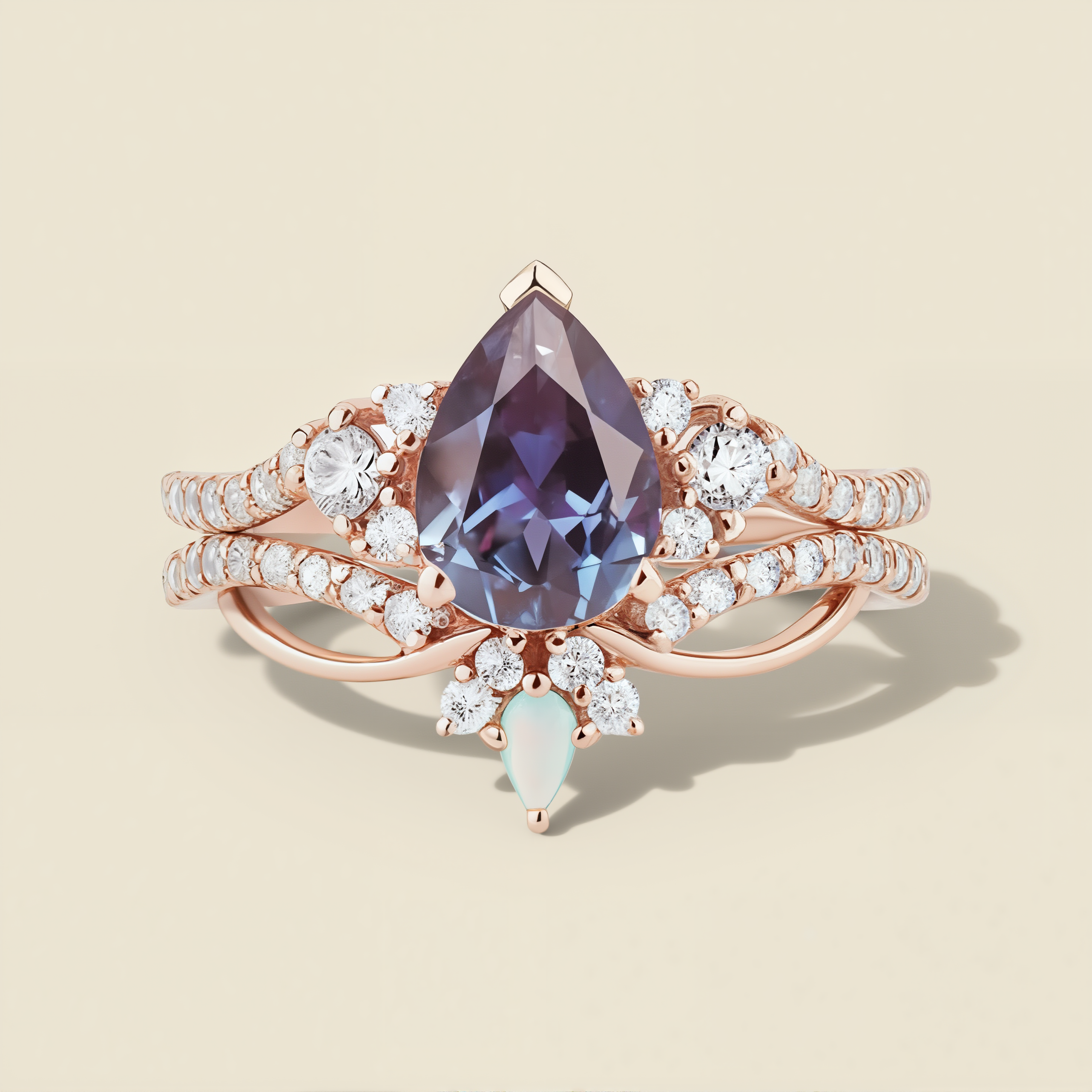Twilight Dream | Pear Lab Alexandrite & Opal Pave Statement Ring in Rose Gold - Aurora Solitaire