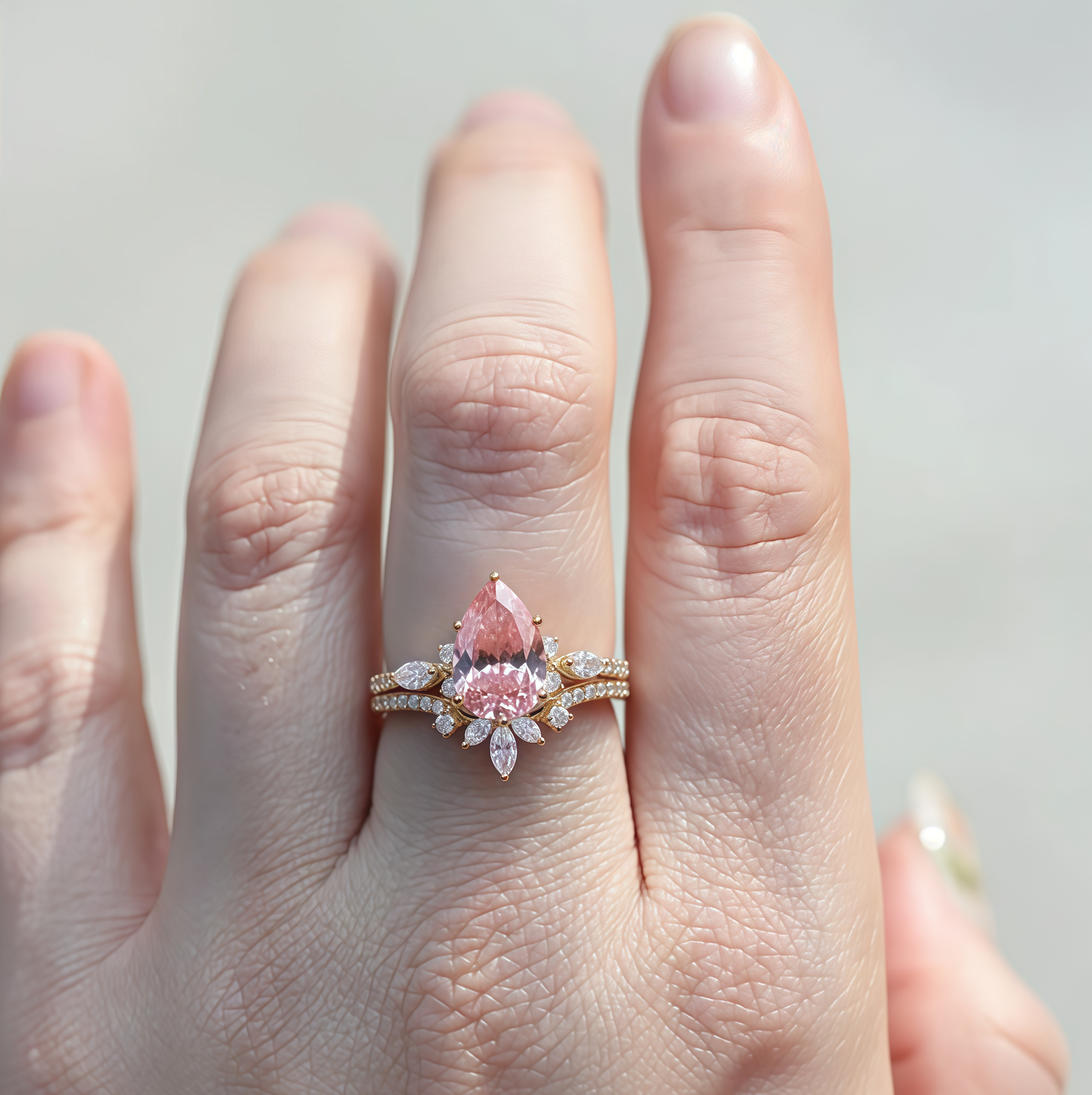 Opal Blossom - Pear Cut Morganite & Diamond Flower Ring