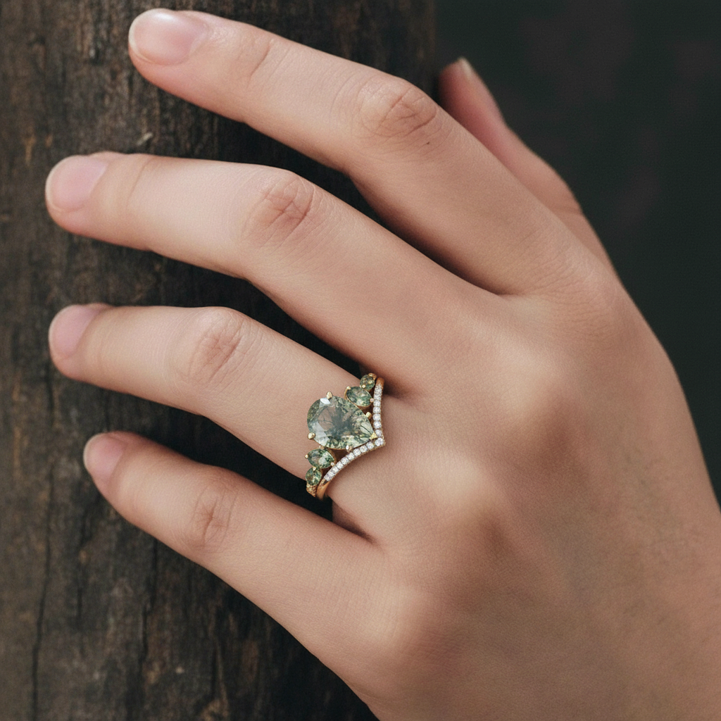 Woodland Secret | Pear Moss Agate & Green Gem Crown Statement Ring in Yellow Gold - Elven Solitaire