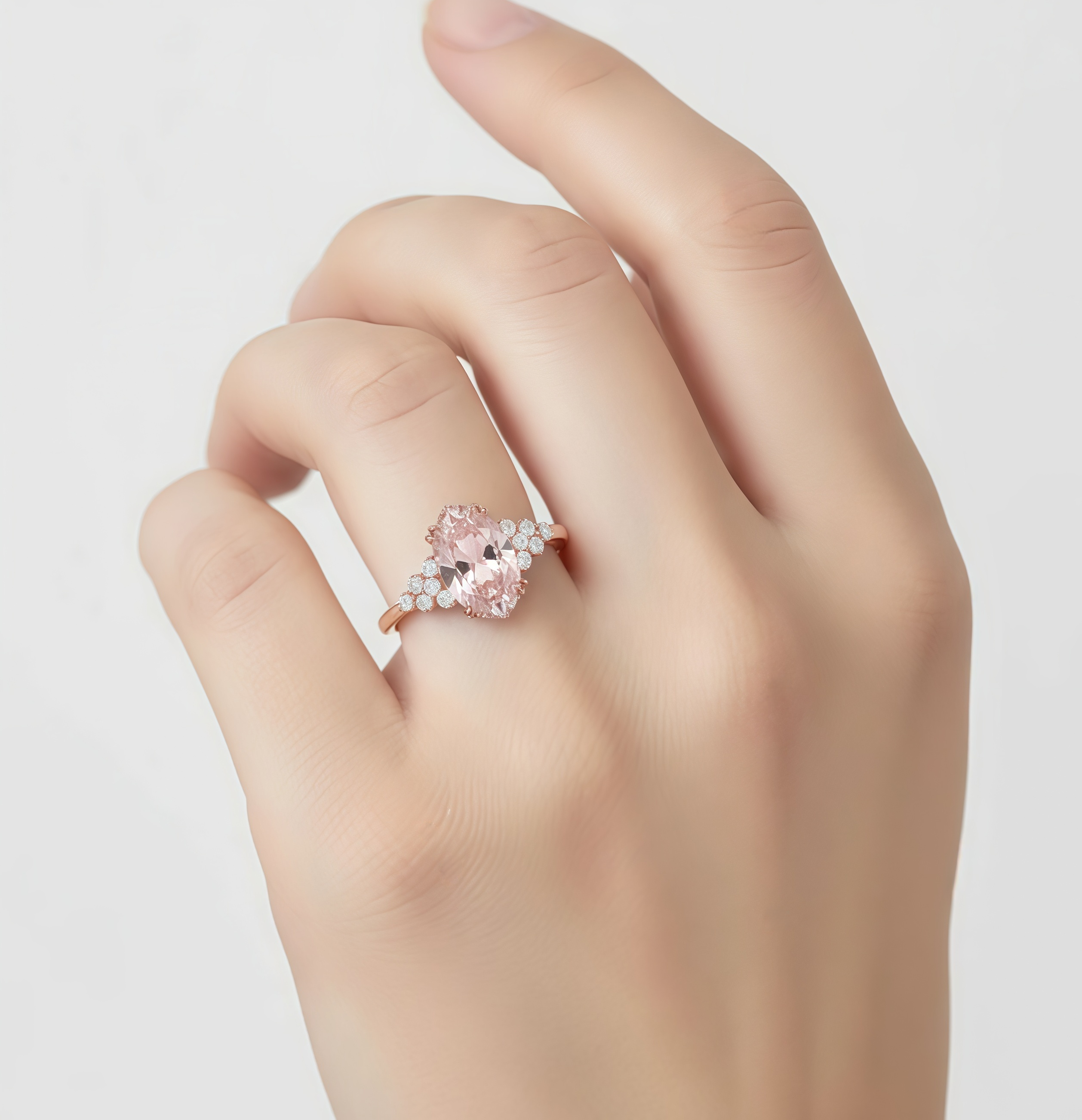 Ethereal Bliss - Oval Cut Morganite & Diamond Cluster Ring