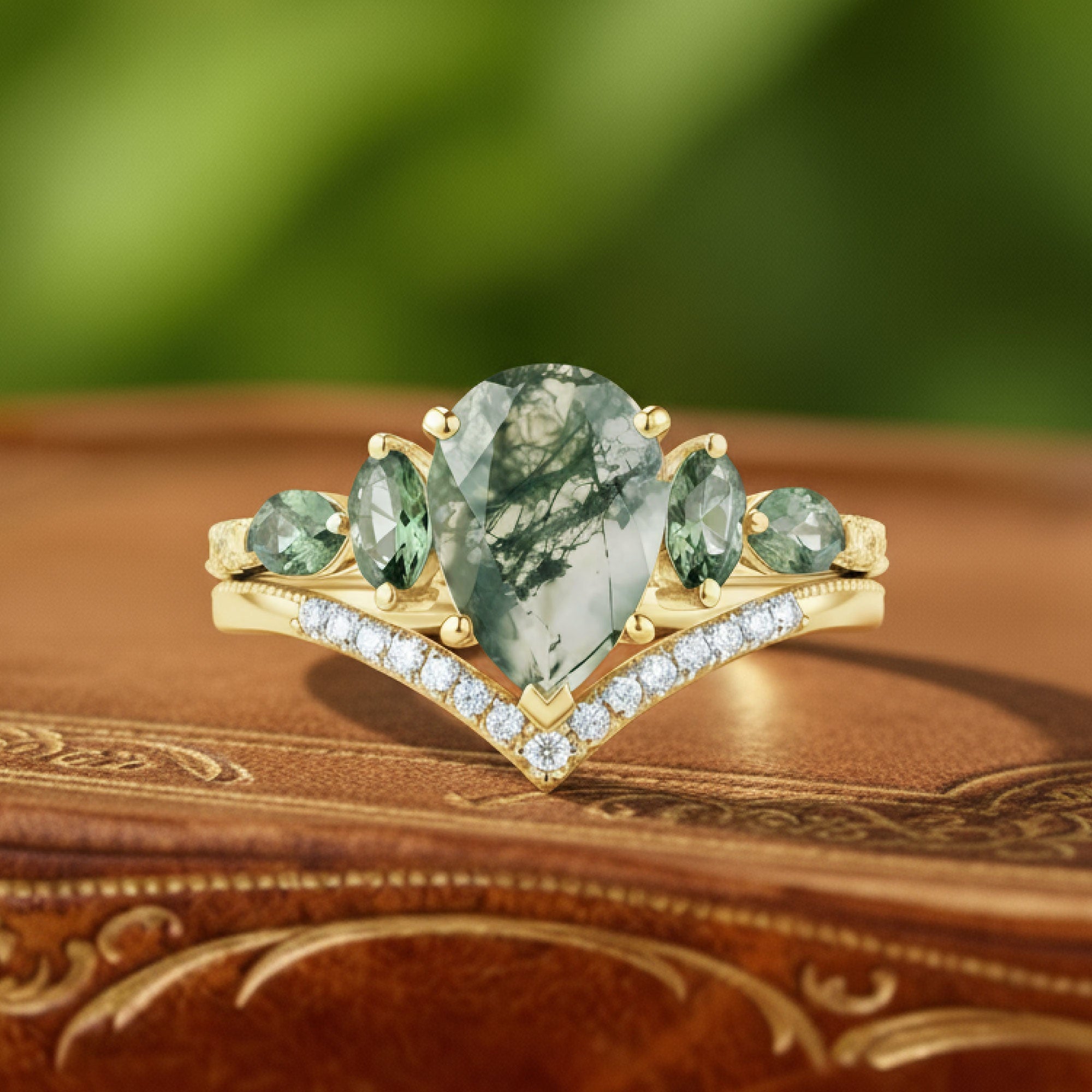 Woodland Secret | Pear Moss Agate & Green Gem Crown Statement Ring in Yellow Gold - Elven Solitaire