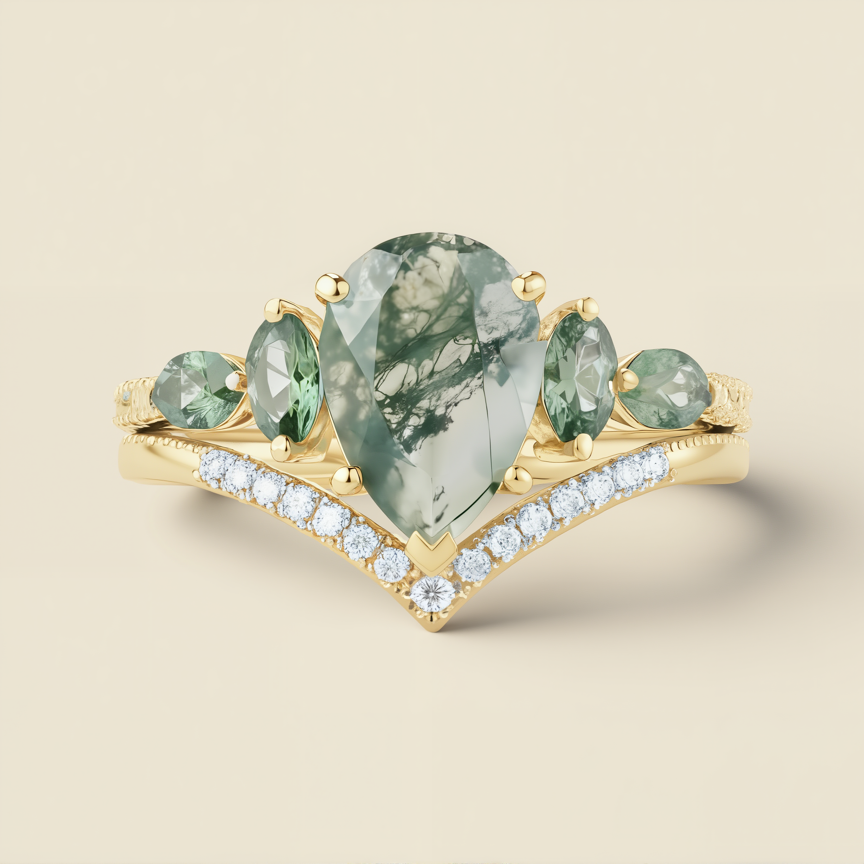 Woodland Secret | Pear Moss Agate & Green Gem Crown Statement Ring in Yellow Gold - Elven Solitaire