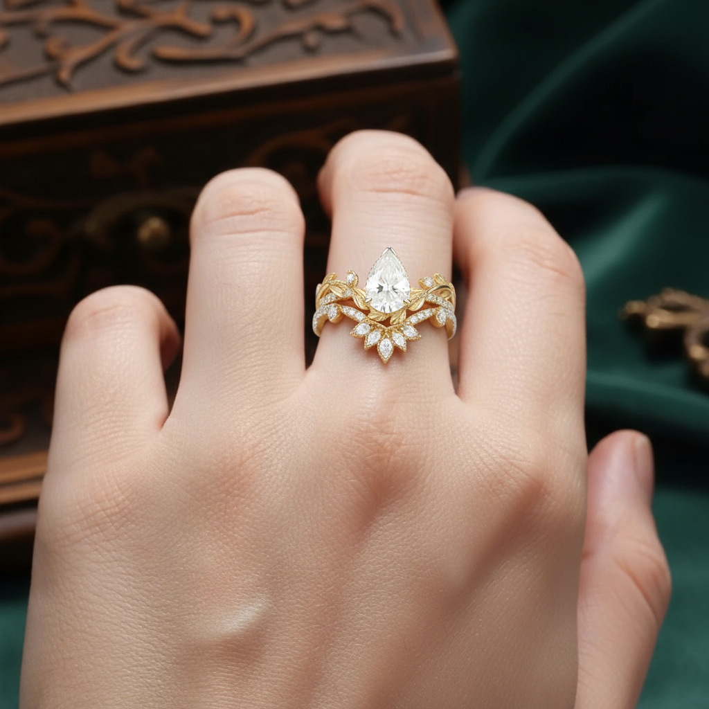 Woodland Radiance | Pear Moissanite & Marquise Pave Leaf Crown Statement Ring in Yellow Gold - Golden Aura Solitaire