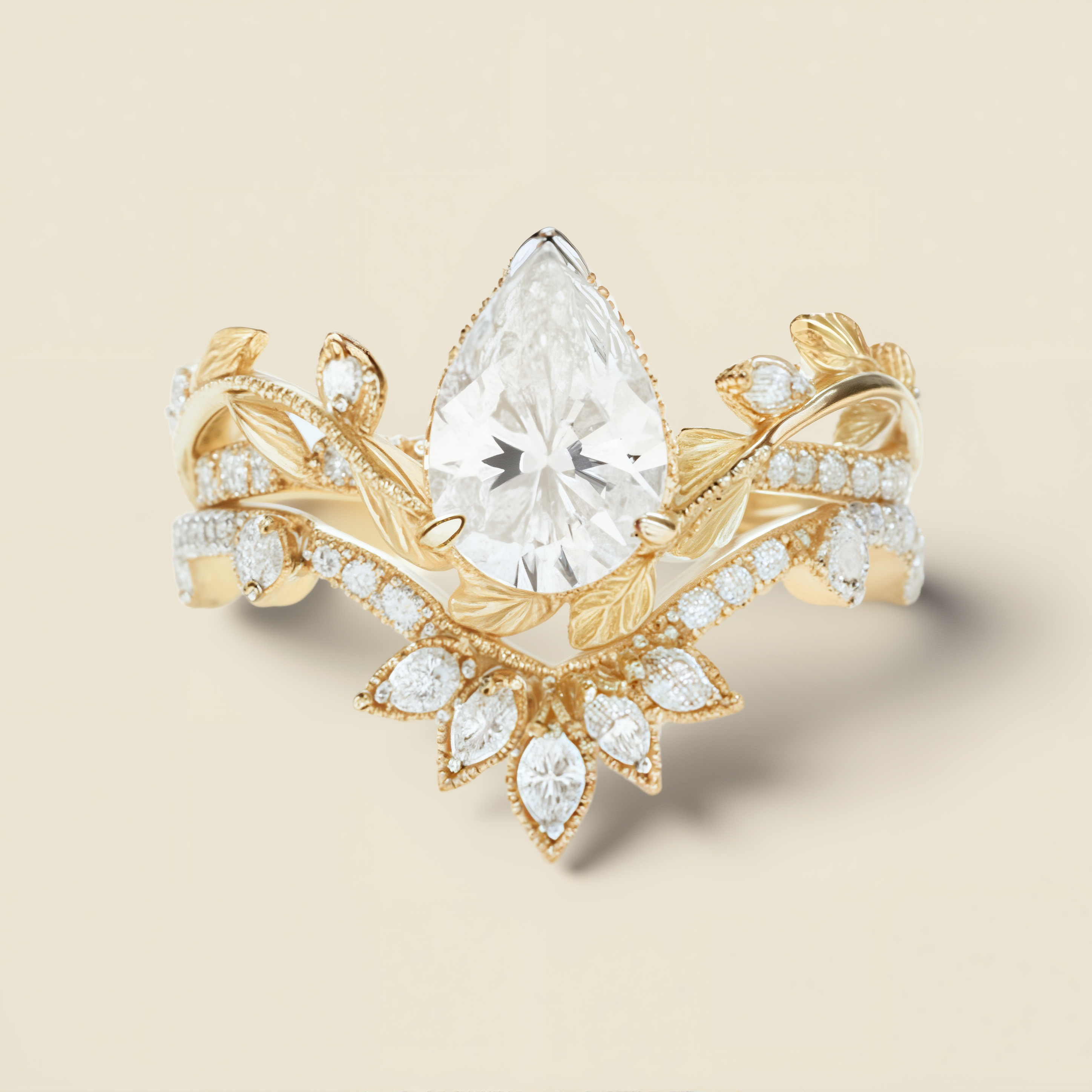 Woodland Radiance | Pear Moissanite & Marquise Pave Leaf Crown Statement Ring in Yellow Gold - Golden Aura Solitaire
