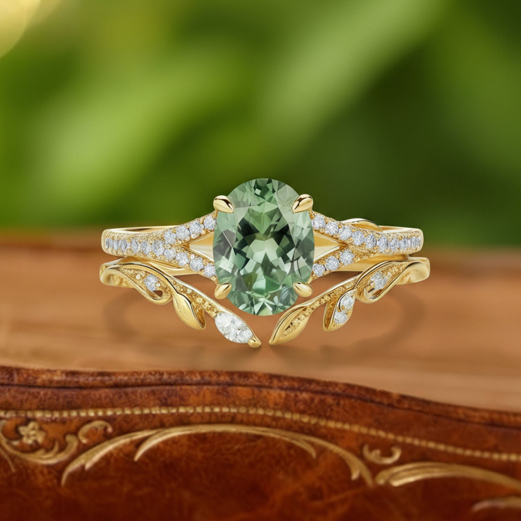 Forest Wreath | Oval Lab Green Sapphire & Emerald Pave Statement Ring in Yellow Gold - Elven Laurel