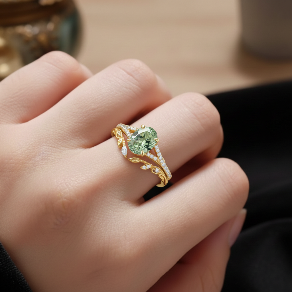 Forest Wreath | Oval Lab Green Sapphire & Emerald Pave Statement Ring in Yellow Gold - Elven Laurel