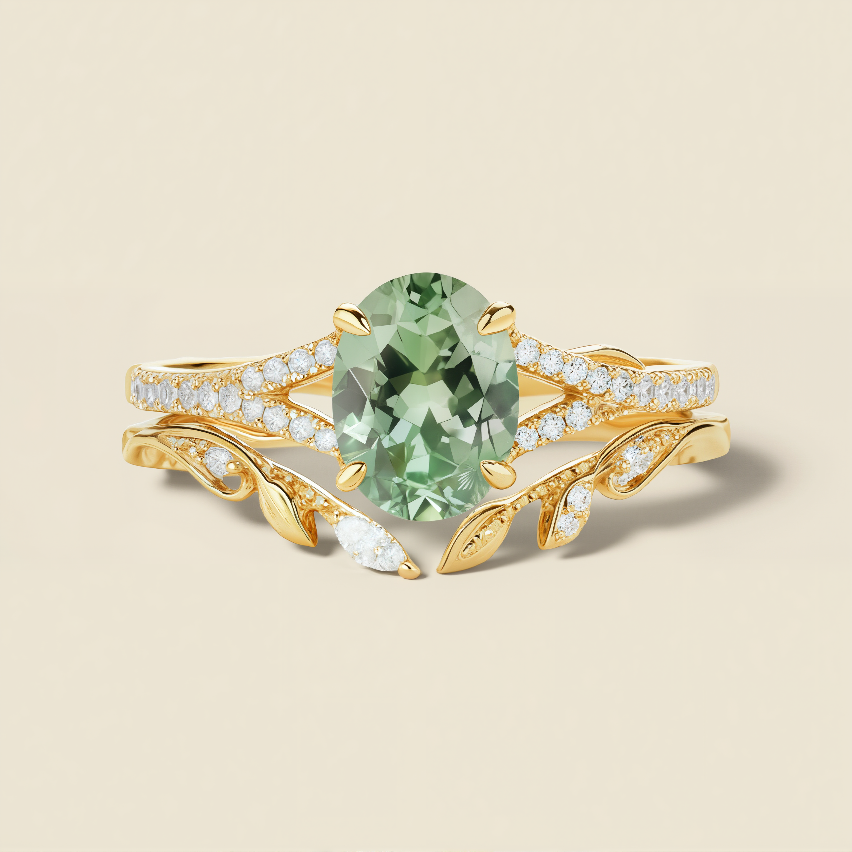 Forest Wreath | Oval Lab Green Sapphire & Emerald Pave Statement Ring in Yellow Gold - Elven Laurel