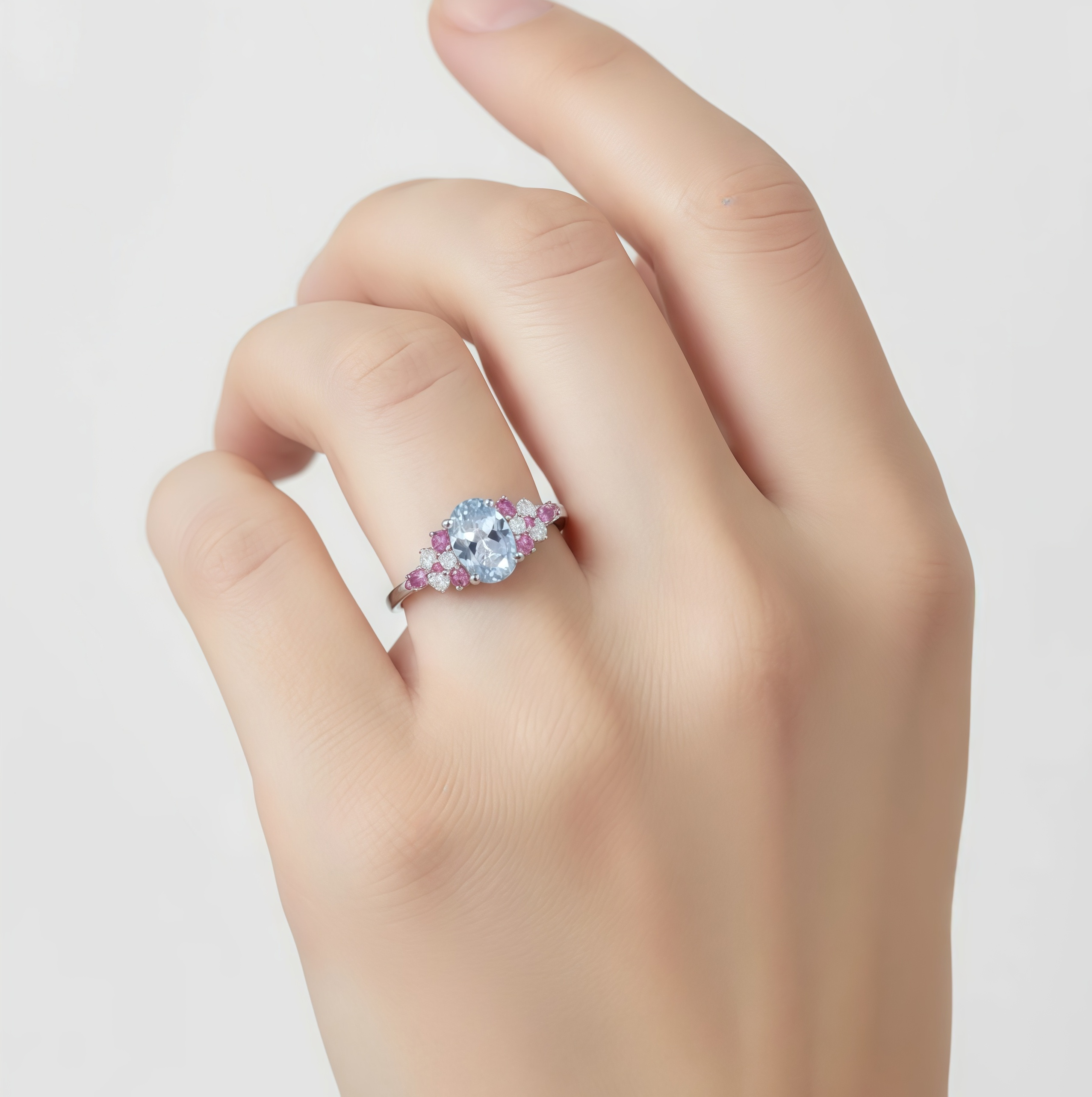 Serenity-Oval Cut Blue Sapphire & Pink Tourmaline Floral Ring