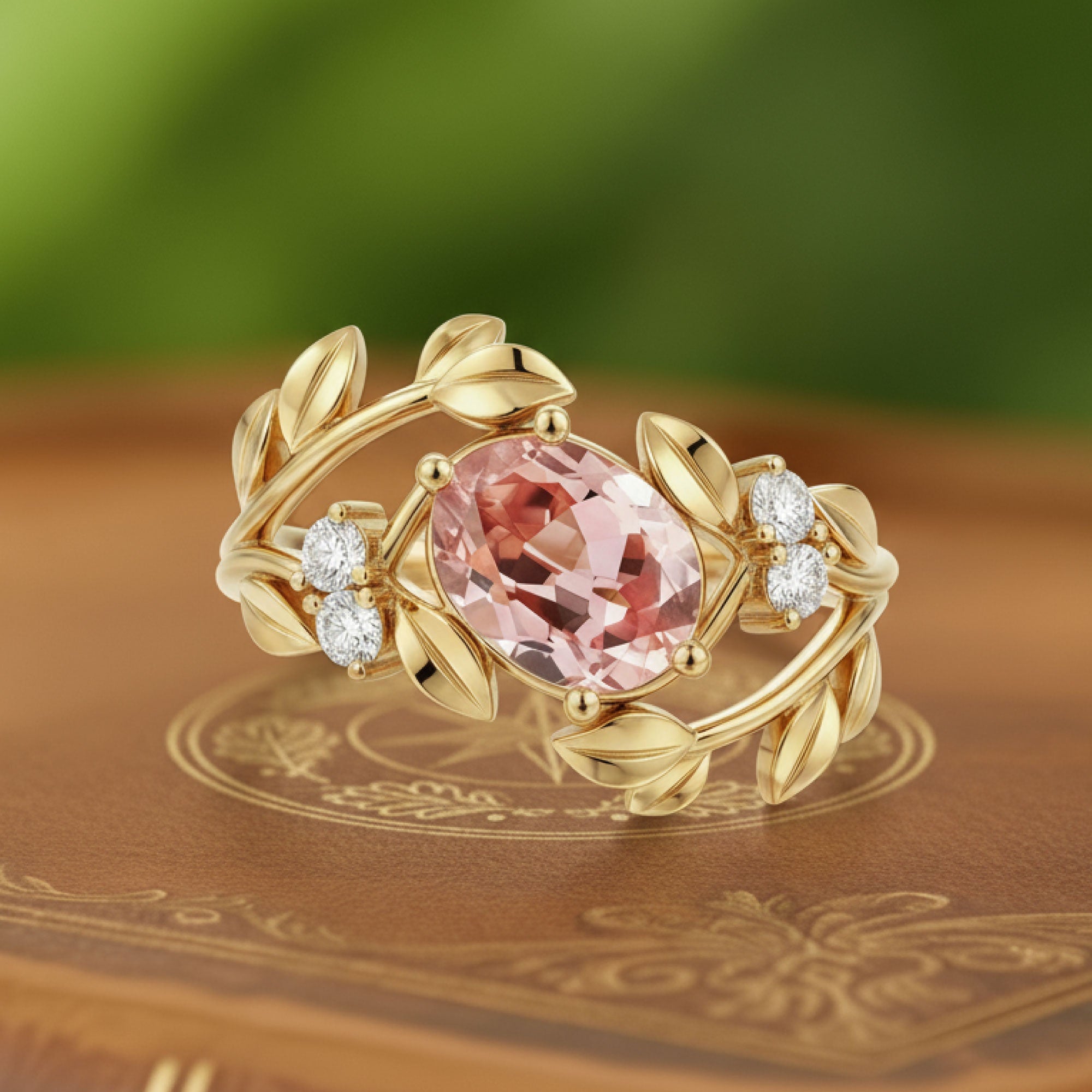 Sunrise Vine | Oval Pink Padparadscha & Moissanite Statement Ring in Yellow Gold - Golden Wreath Solitaire
