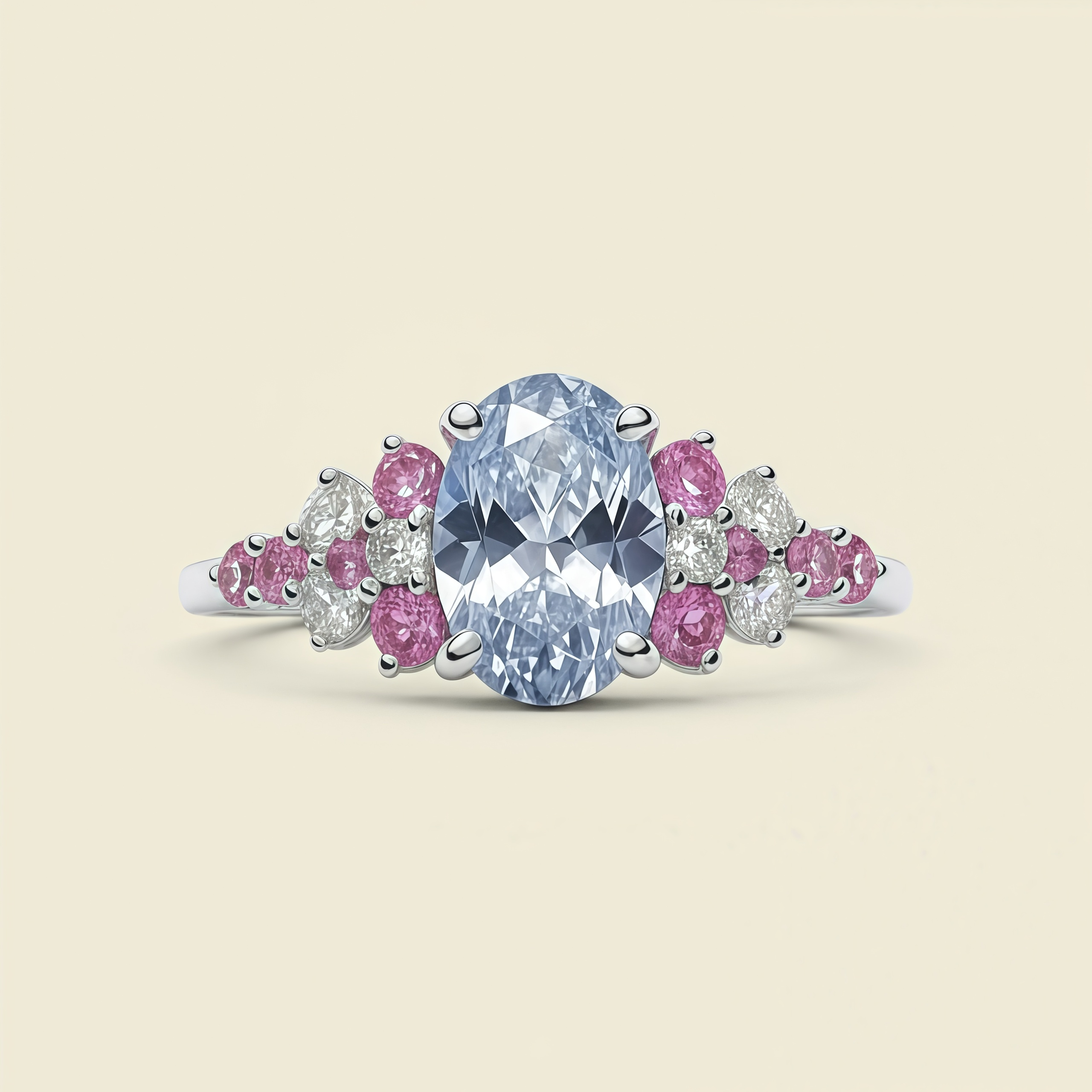 Serenity-Oval Cut Blue Sapphire & Pink Tourmaline Floral Ring