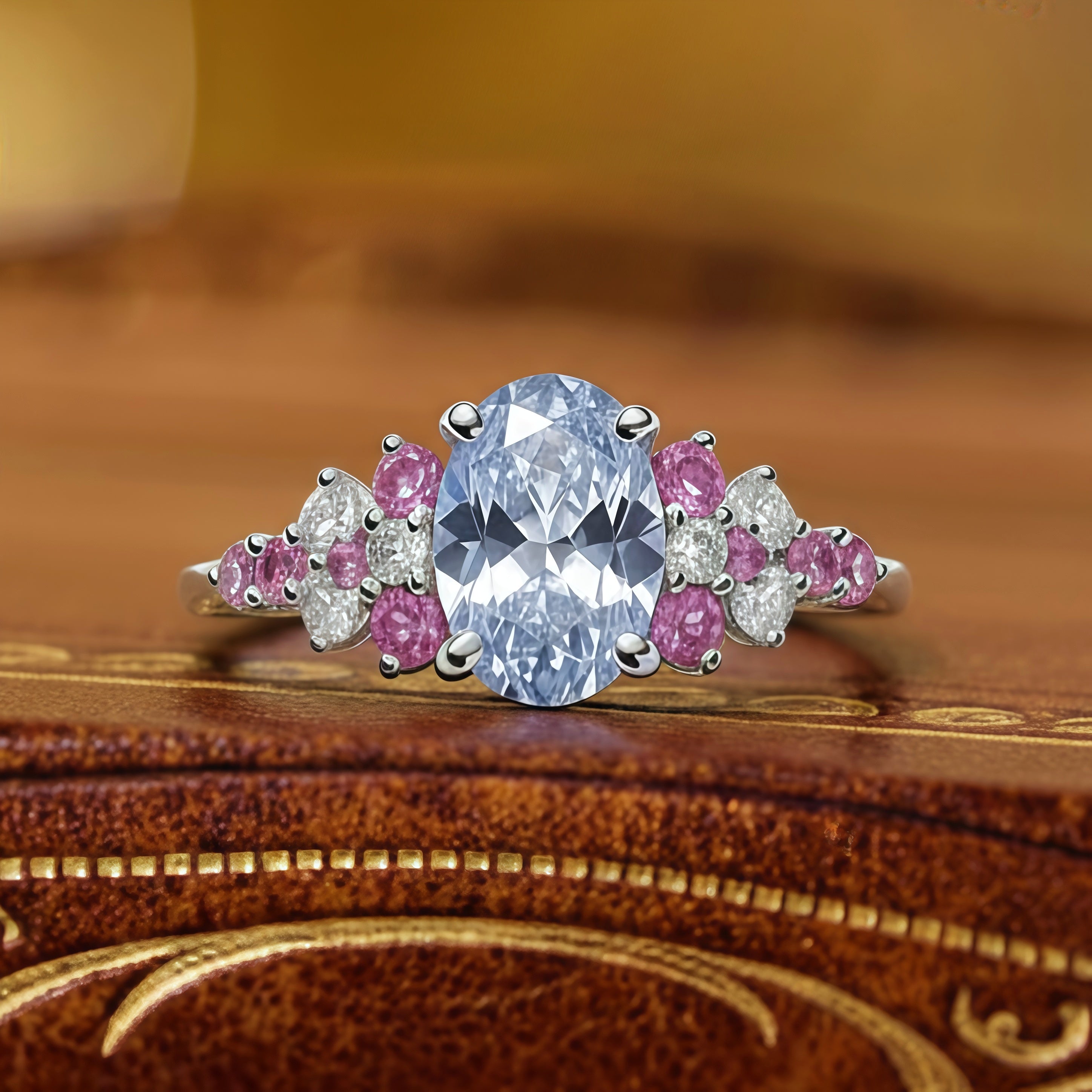 Serenity-Oval Cut Blue Sapphire & Pink Tourmaline Floral Ring