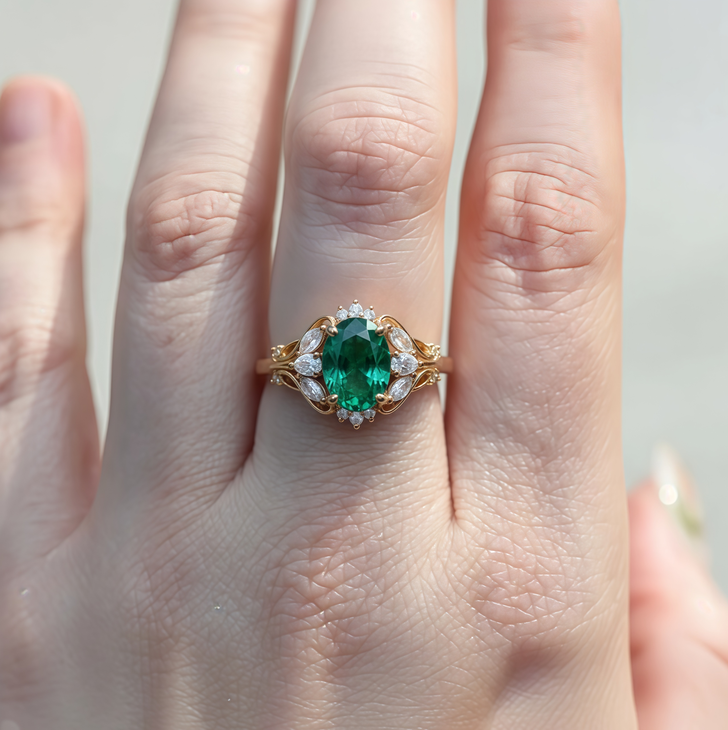 Emerald Grace -Oval Cut Green Emerald & Diamond Floral Engagement Ring