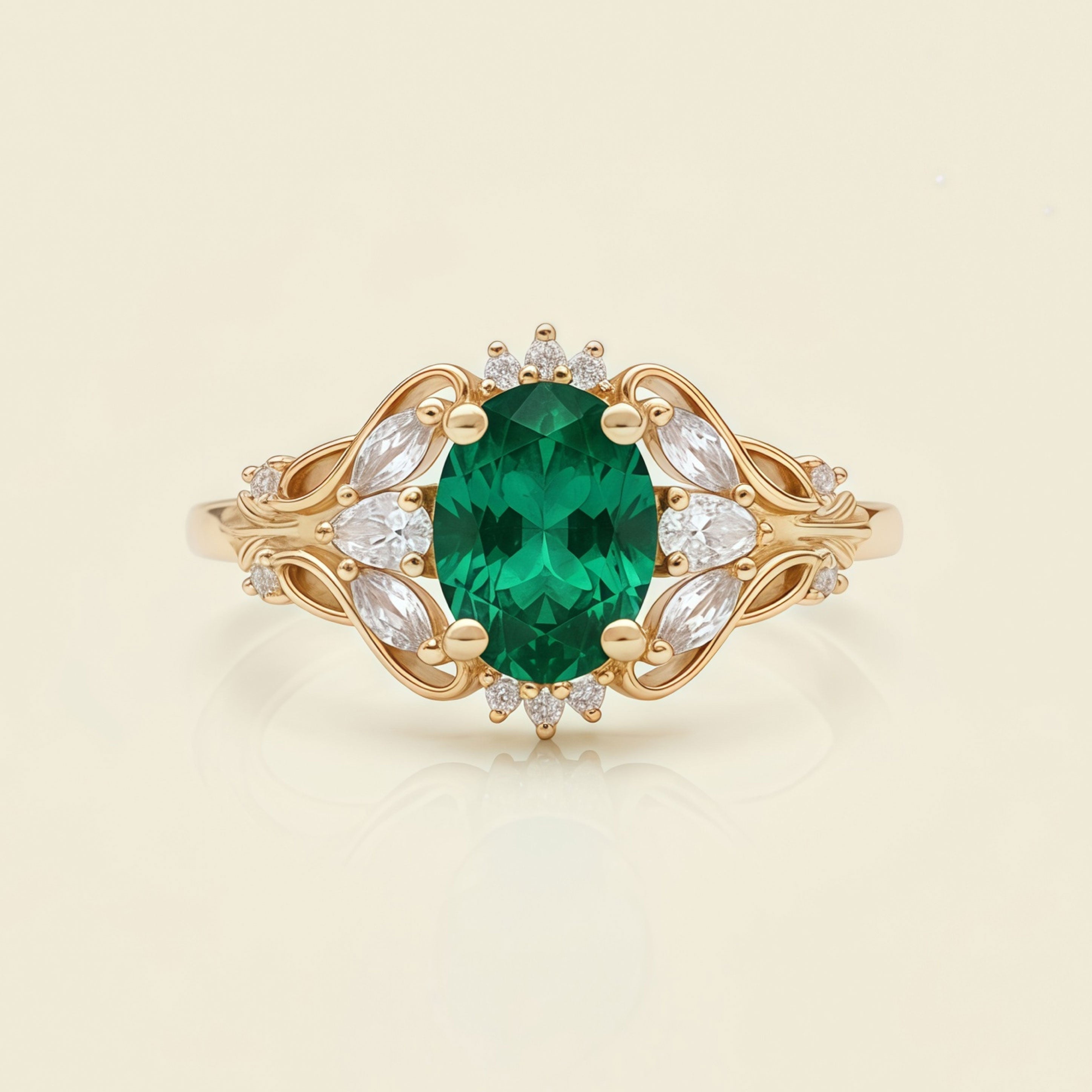 Emerald Grace -Oval Cut Green Emerald & Diamond Floral Engagement Ring