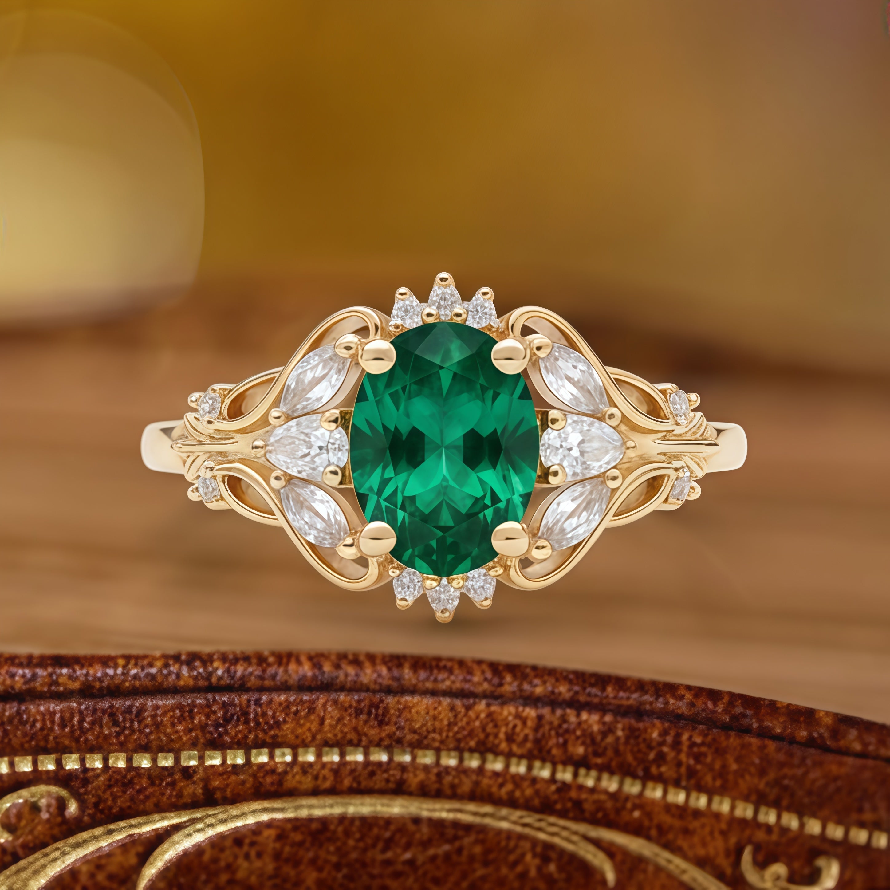 Emerald Grace -Oval Cut Green Emerald & Diamond Floral Engagement Ring