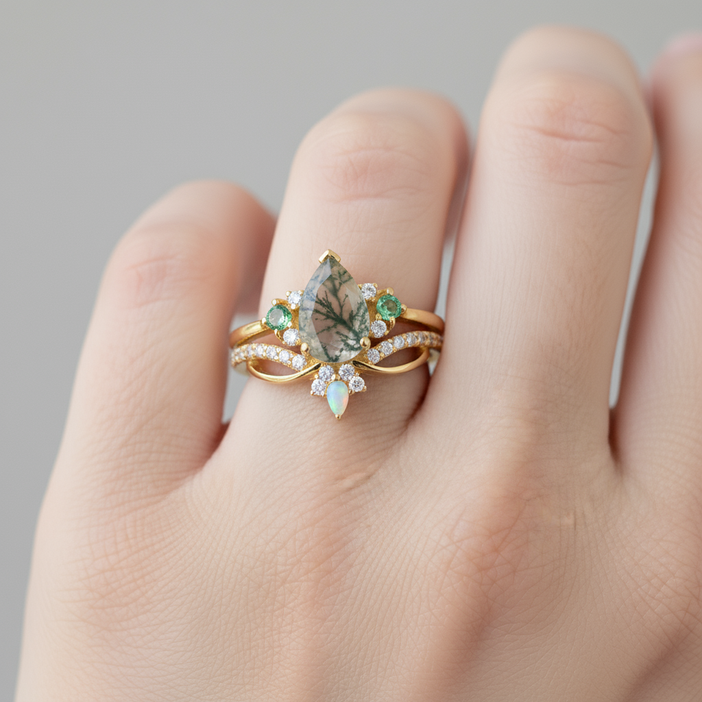 Forest Dawn | Pear Moss Agate & Opal Solitaire Statement Ring in Yellow Gold - Dream Weaver