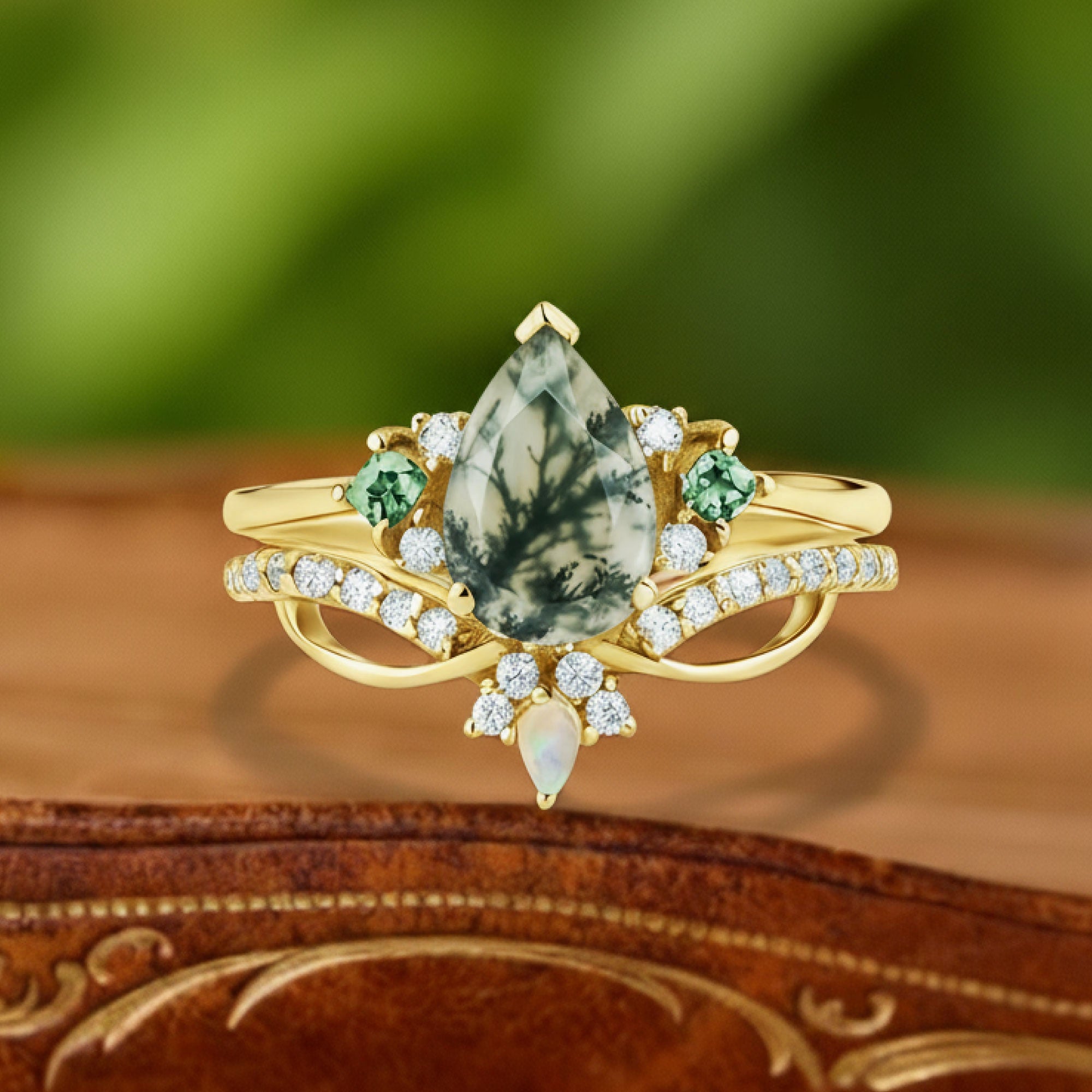 Forest Dawn | Pear Moss Agate & Opal Solitaire Statement Ring in Yellow Gold - Dream Weaver