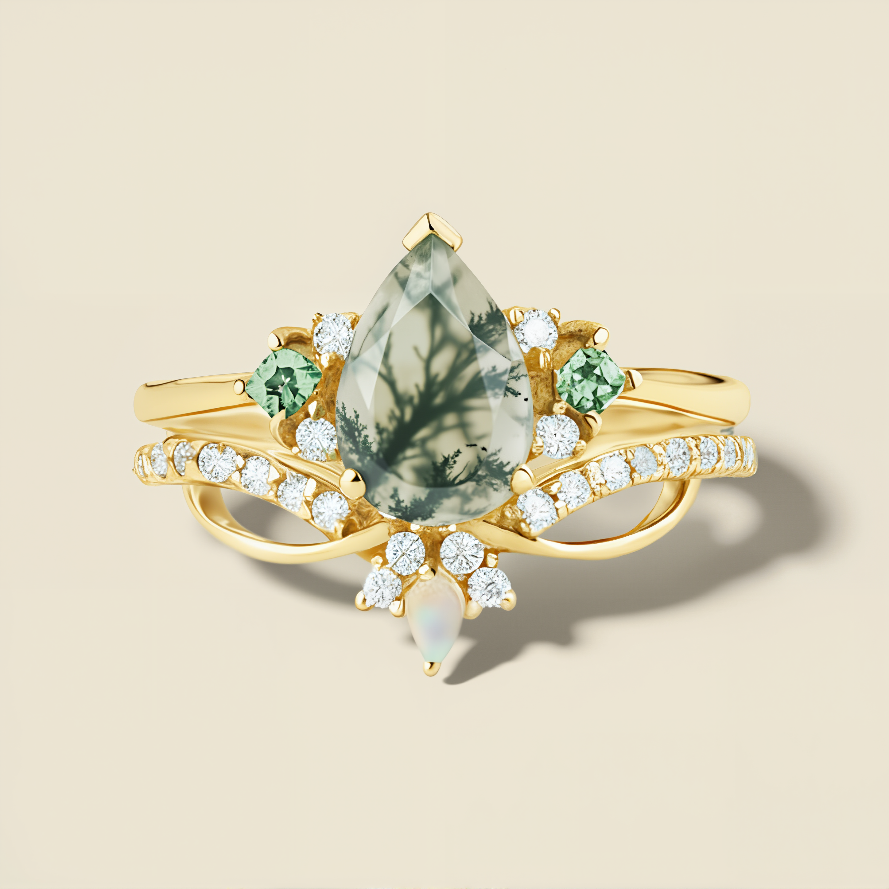 Forest Dawn | Pear Moss Agate & Opal Solitaire Statement Ring in Yellow Gold - Dream Weaver