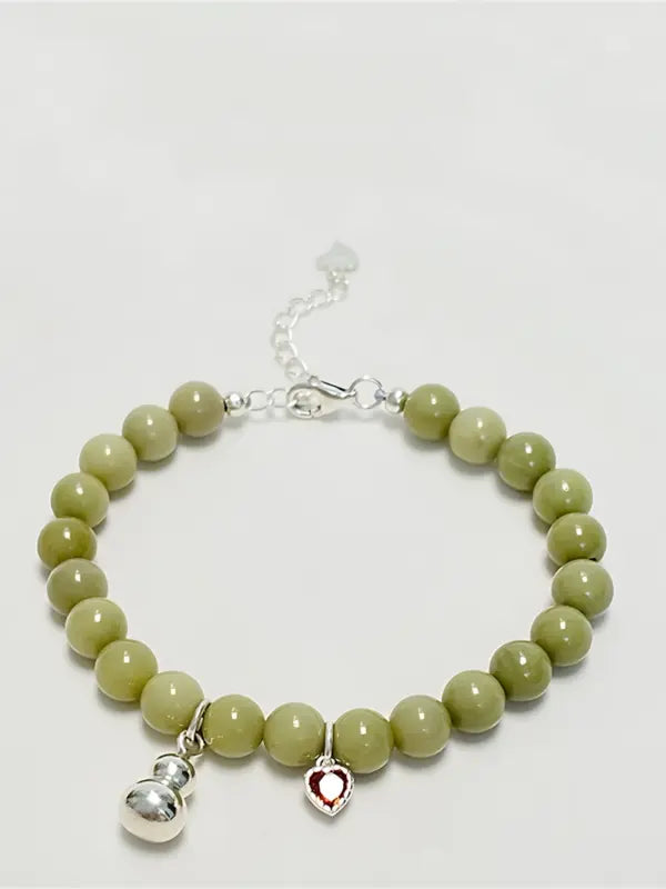 Avocado Agate & Silver Gourd Bracelet