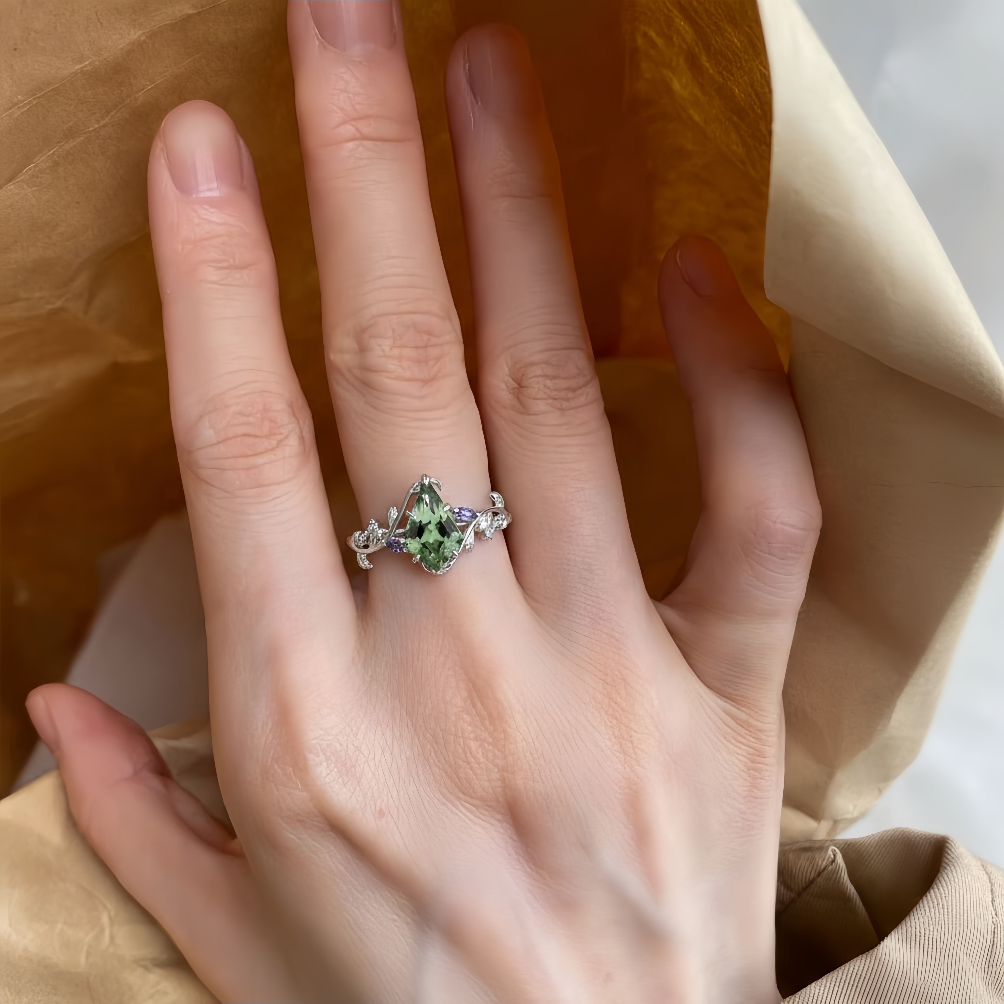 Enchanted Vine – Kite-Cut Green Moissanite & Moissanite Leaf Ring