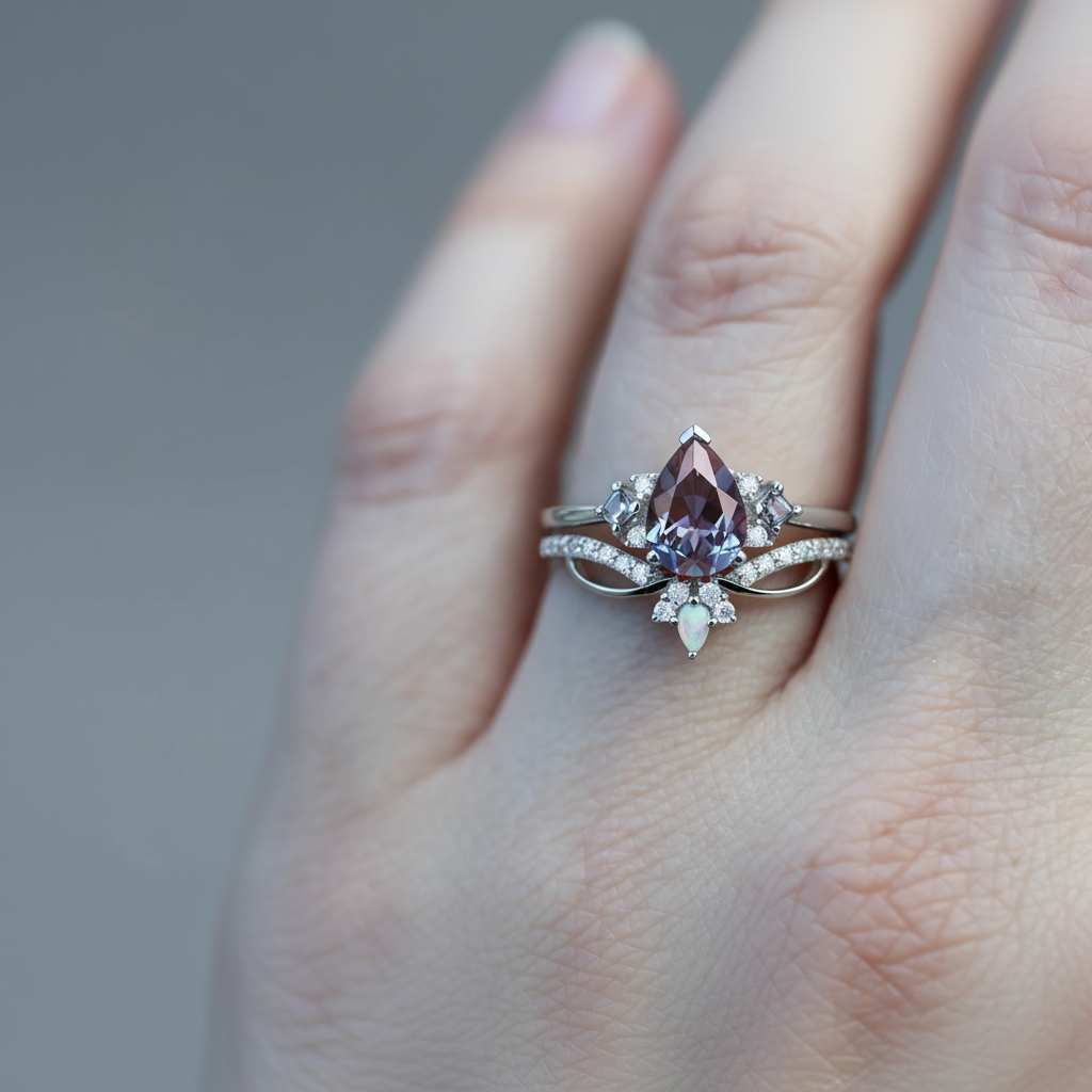 Moonlit Enchantment | Pear Lab Alexandrite & Opal Solitaire Statement Ring in White Gold - Twilight Weaver