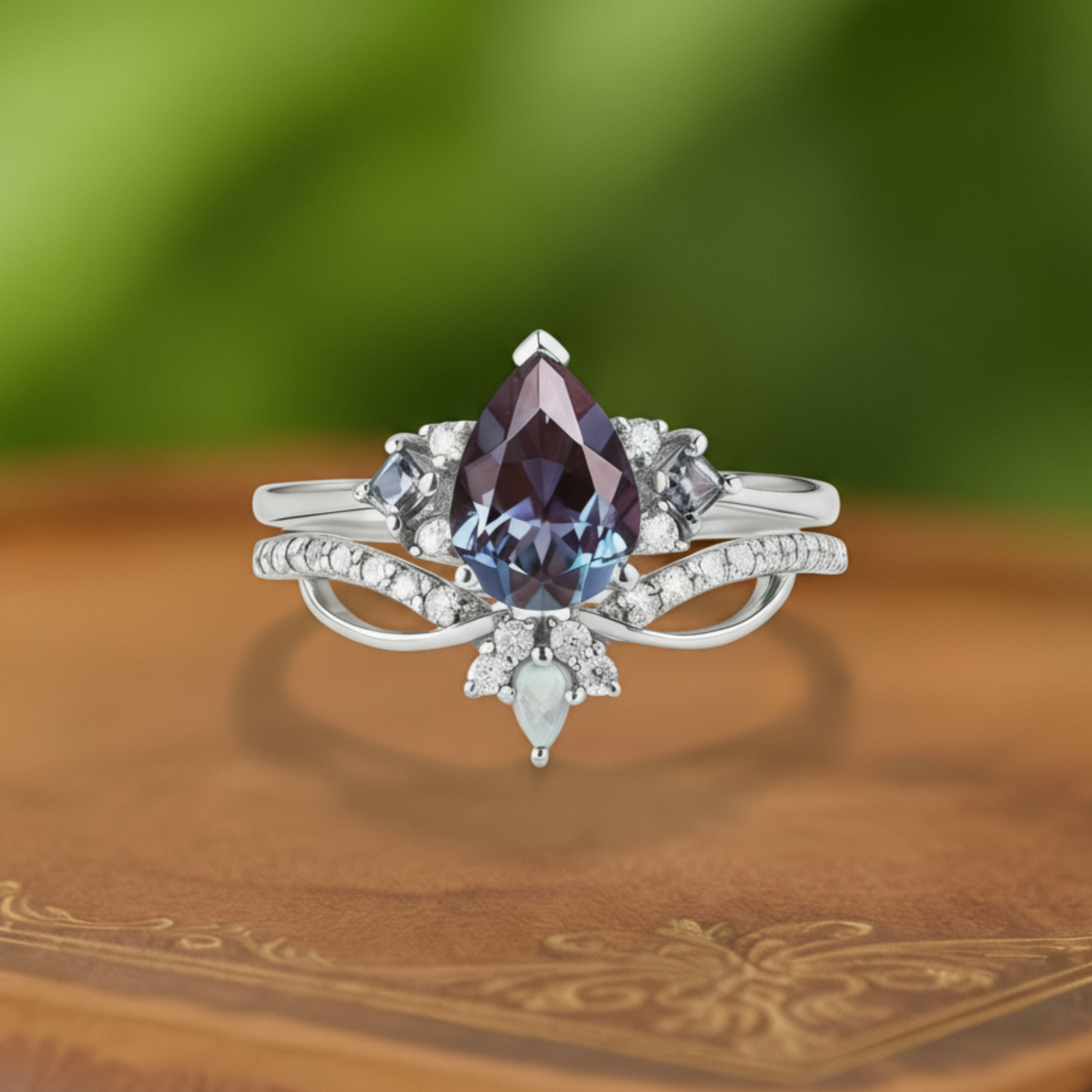 Moonlit Enchantment | Pear Lab Alexandrite & Opal Solitaire Statement Ring in White Gold - Twilight Weaver
