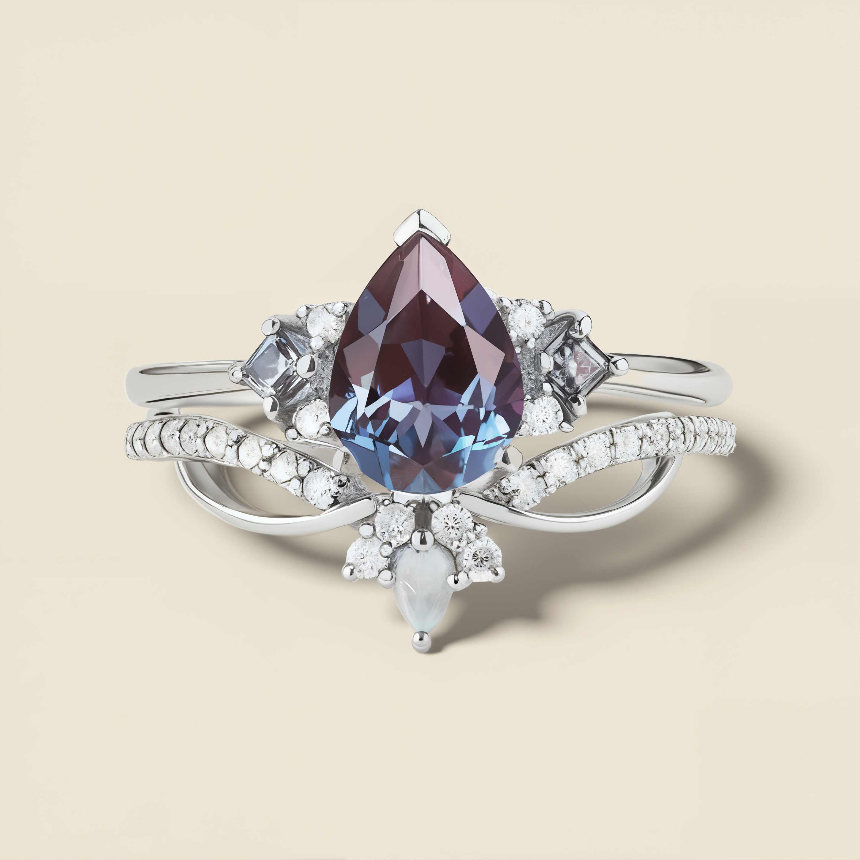 Moonlit Enchantment | Pear Lab Alexandrite & Opal Solitaire Statement Ring in White Gold - Twilight Weaver