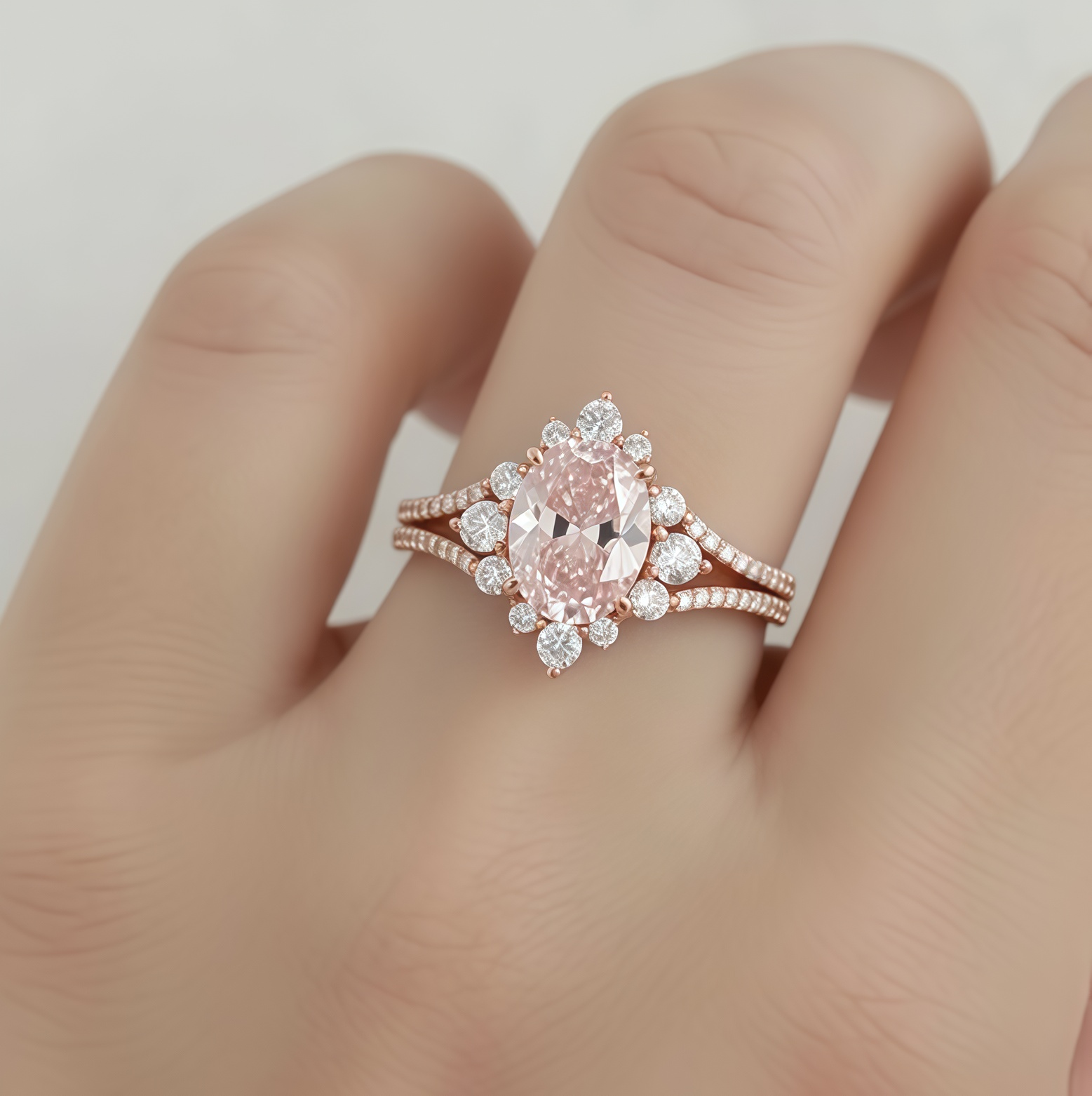 Elysian -Oval Cut Morganite & Diamond Halo Engagement Ring