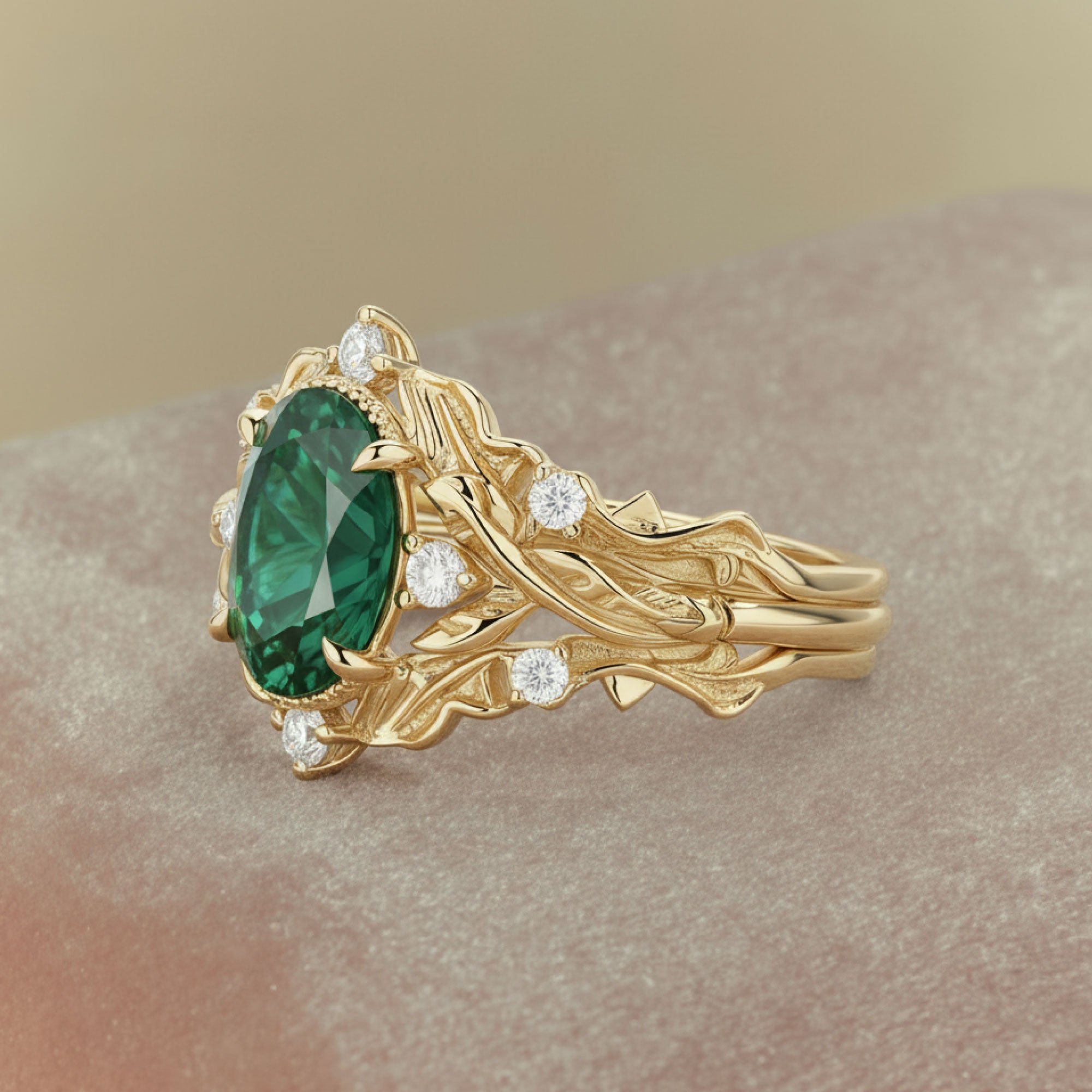Thicket Weave | Oval Emerald & Moissanite Statement Ring in Yellow Gold - Sylvan Riches Solitaire