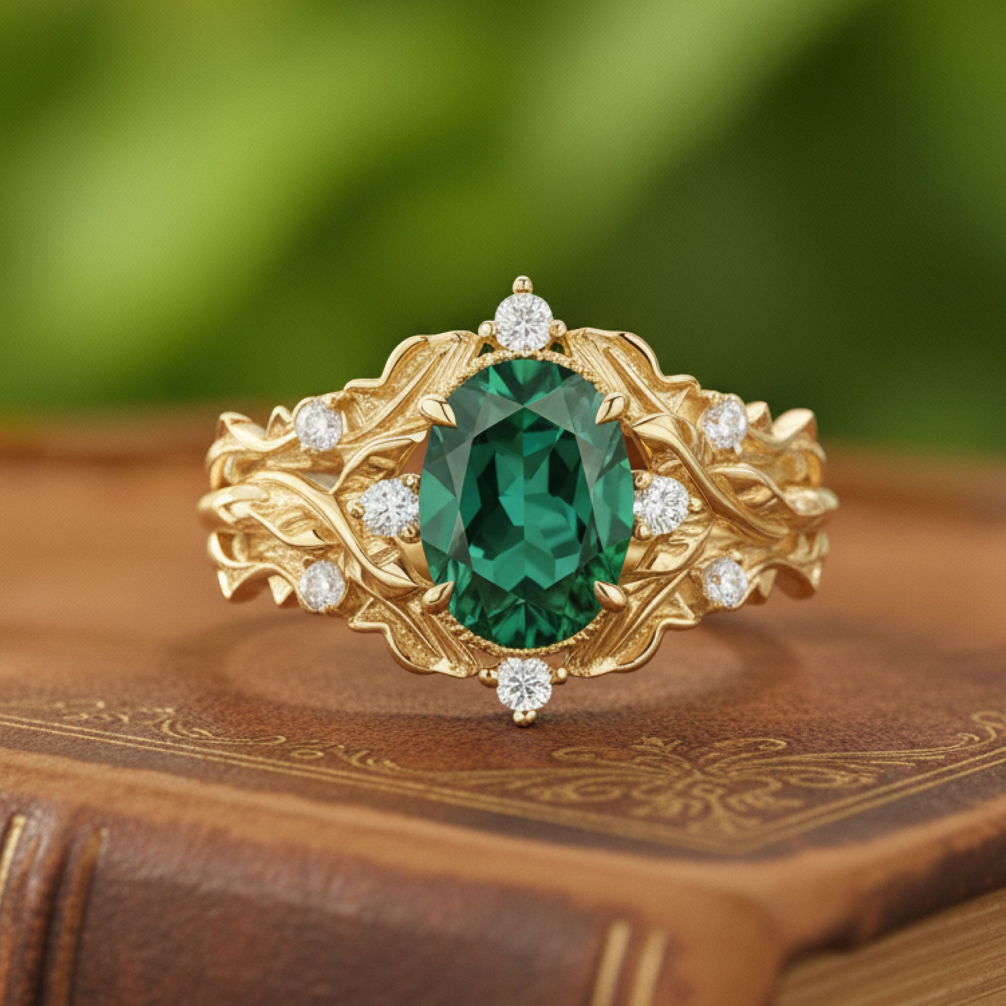 Thicket Weave | Oval Emerald & Moissanite Statement Ring in Yellow Gold - Sylvan Riches Solitaire