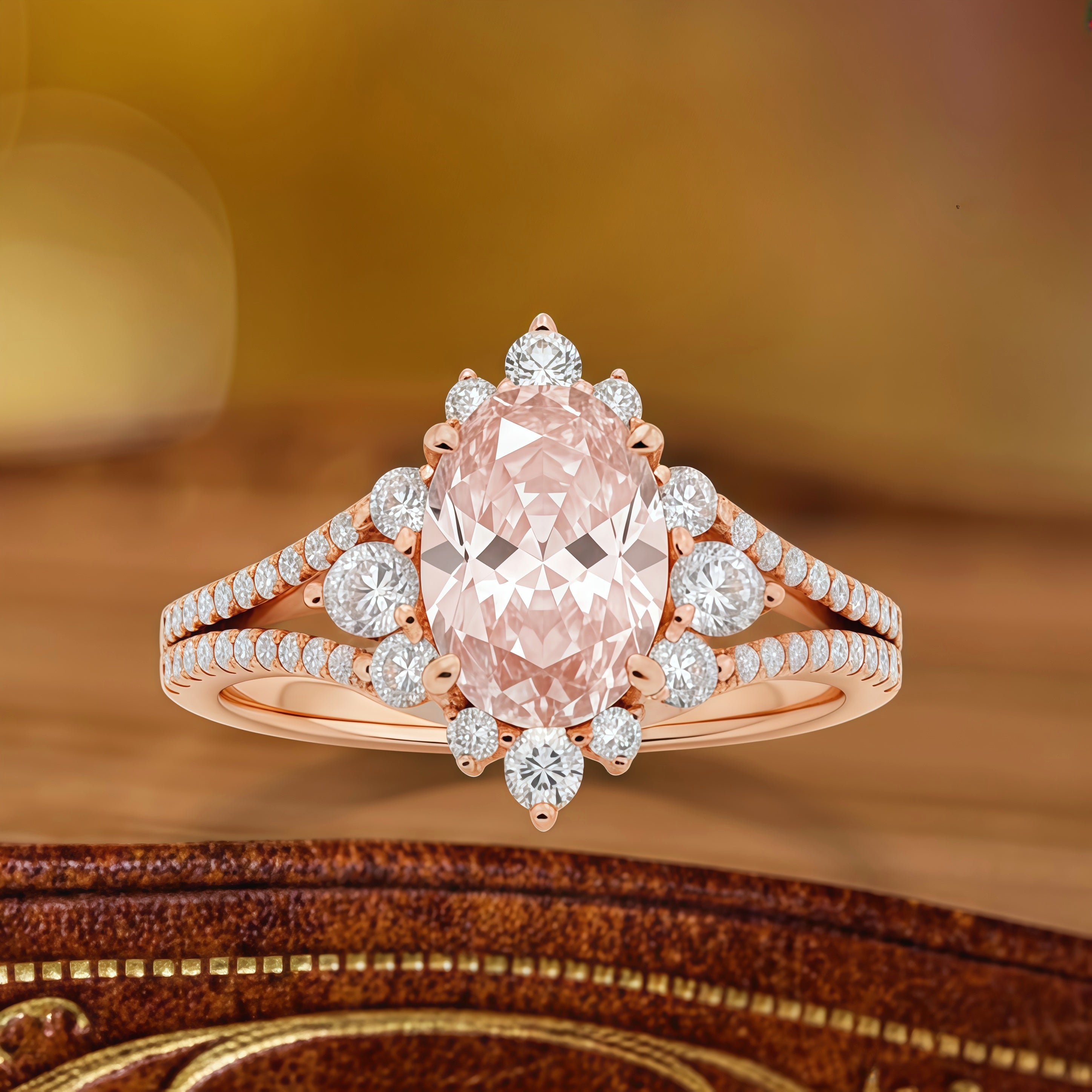 Elysian -Oval Cut Morganite & Diamond Halo Engagement Ring