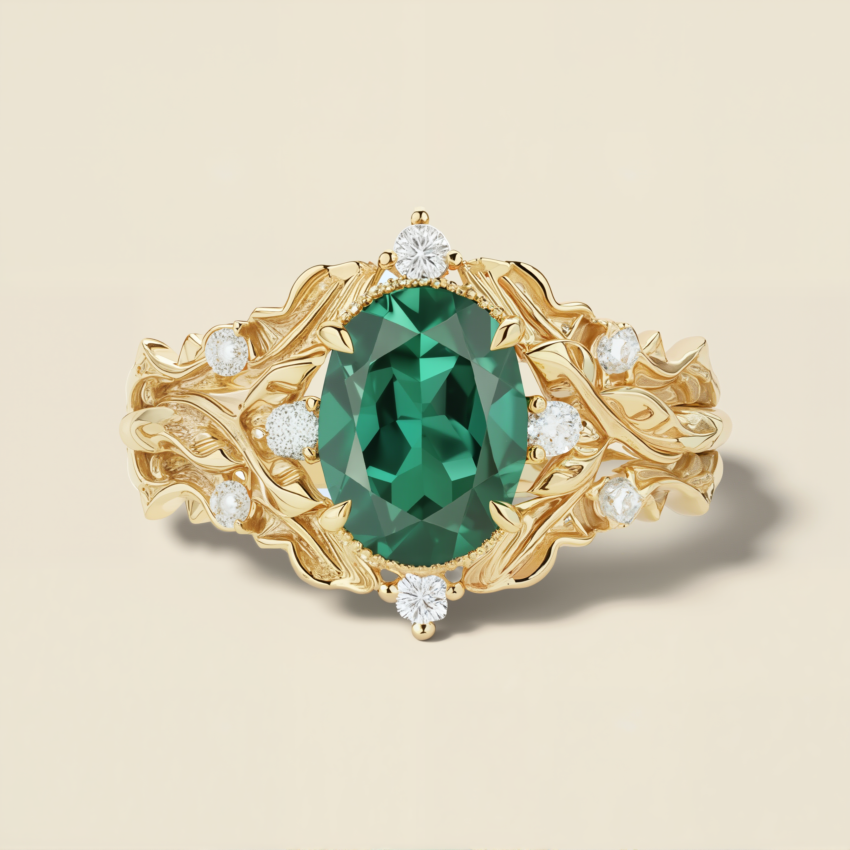 Thicket Weave | Oval Emerald & Moissanite Statement Ring in Yellow Gold - Sylvan Riches Solitaire