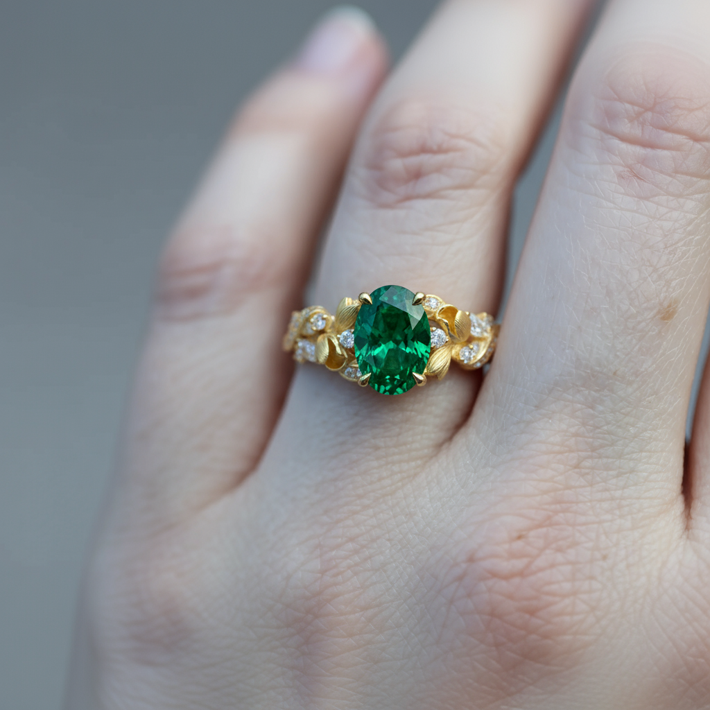 Emerald Foliage | Oval Emerald & Marquise Moissanite Statement Ring in Yellow Gold - Vivid Laurel Solitaire