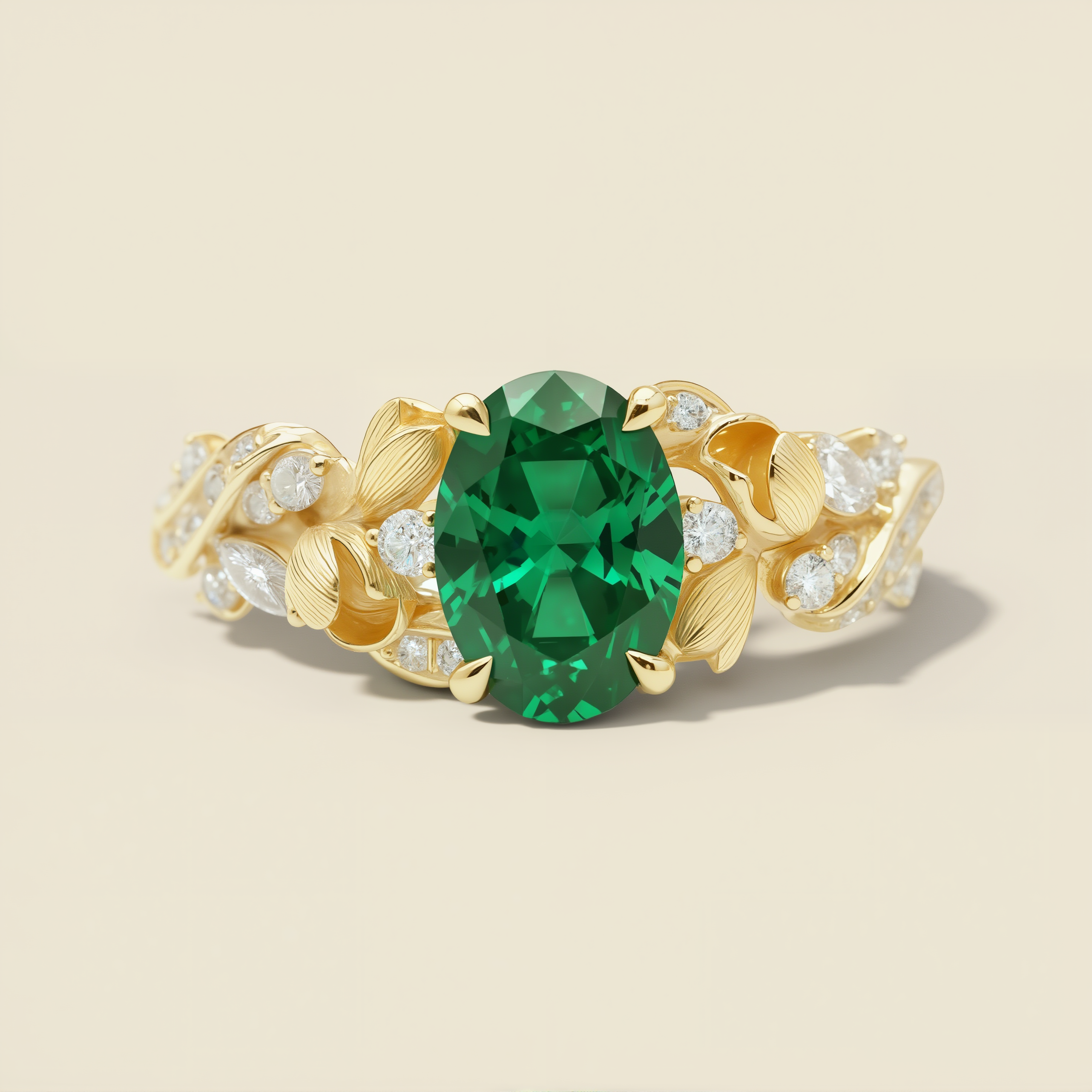 Emerald Foliage | Oval Emerald & Marquise Moissanite Statement Ring in Yellow Gold - Vivid Laurel Solitaire