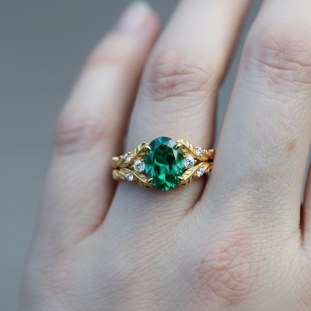 Laurel Wings | Oval Emerald & Moissanite Statement Ring in Yellow Gold - Eternal Victory Solitaire