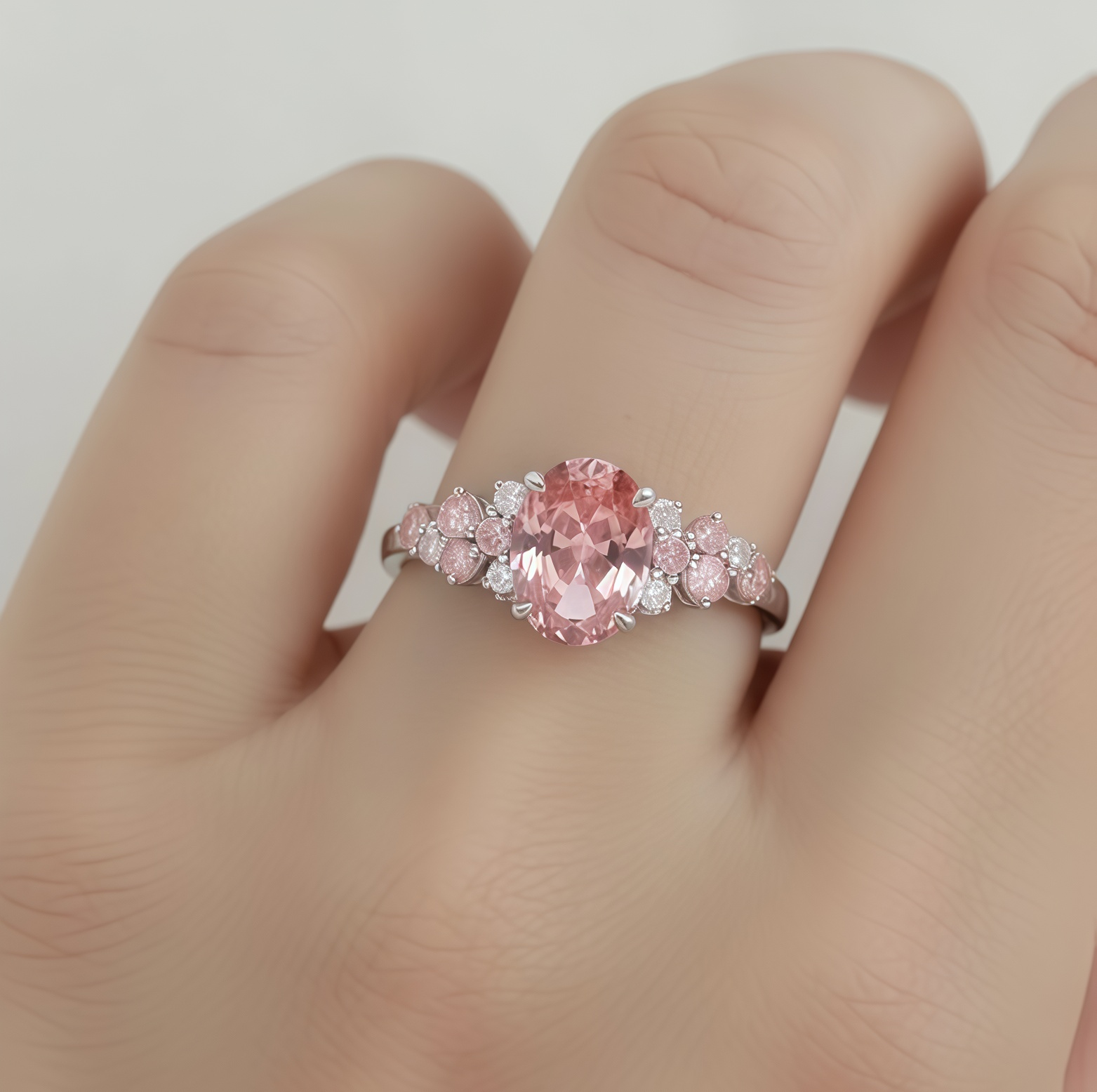 Blossom Rose- Oval Cut Morganite & Diamond Halo Engagement Ring