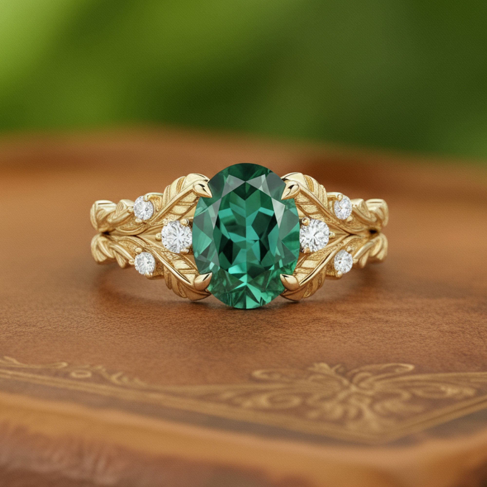 Laurel Wings | Oval Emerald & Moissanite Statement Ring in Yellow Gold - Eternal Victory Solitaire