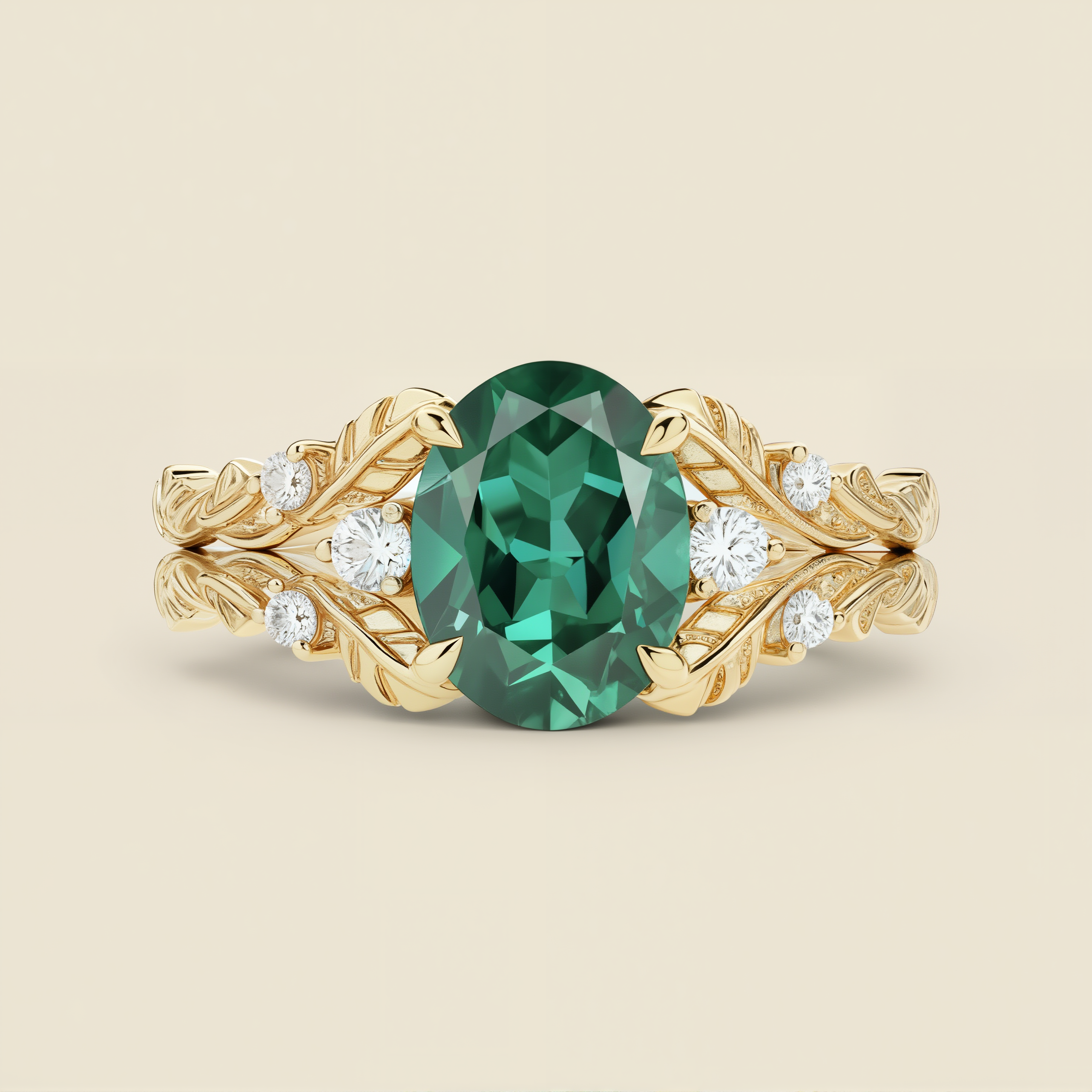 Laurel Wings | Oval Emerald & Moissanite Statement Ring in Yellow Gold - Eternal Victory Solitaire