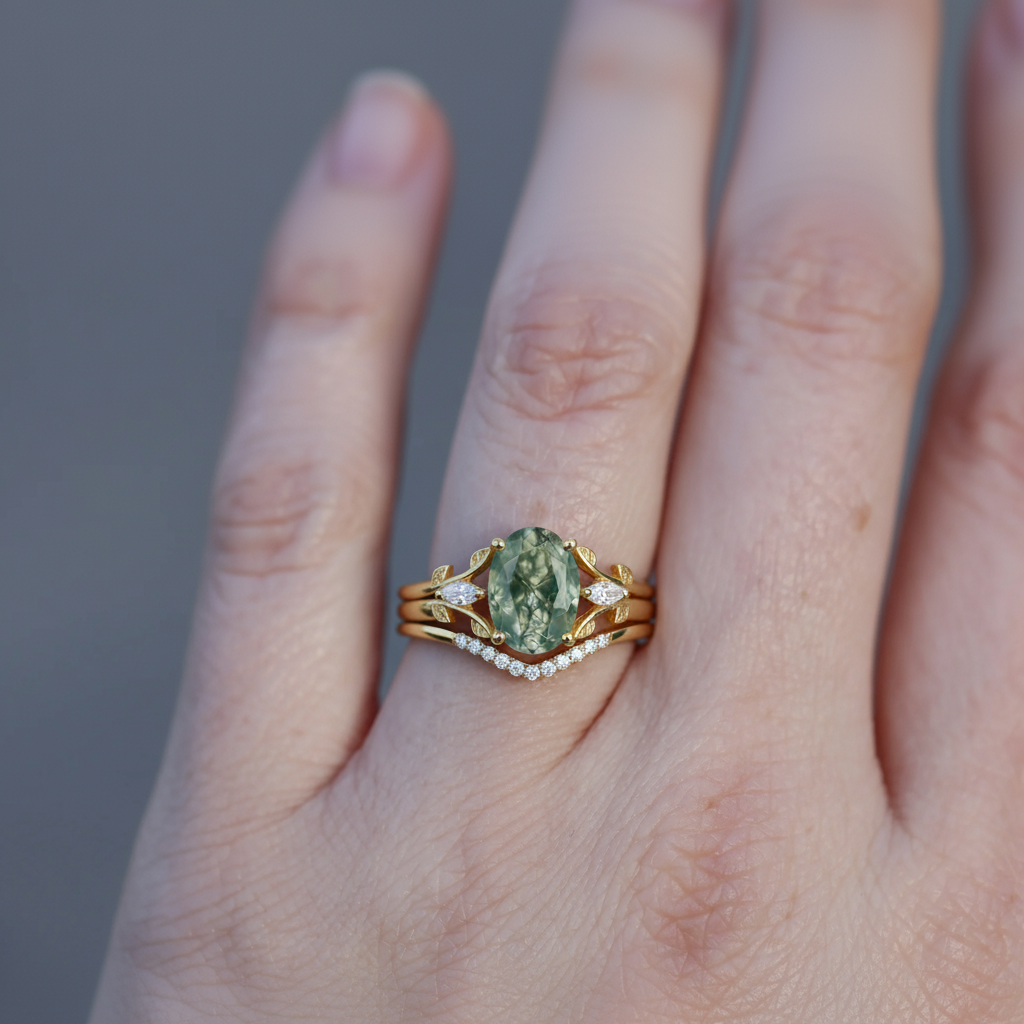 Heartwood Solitaire | Oval Moss Agate & Marquise Moissanite Statement Ring in Yellow Gold - Forest Canvas