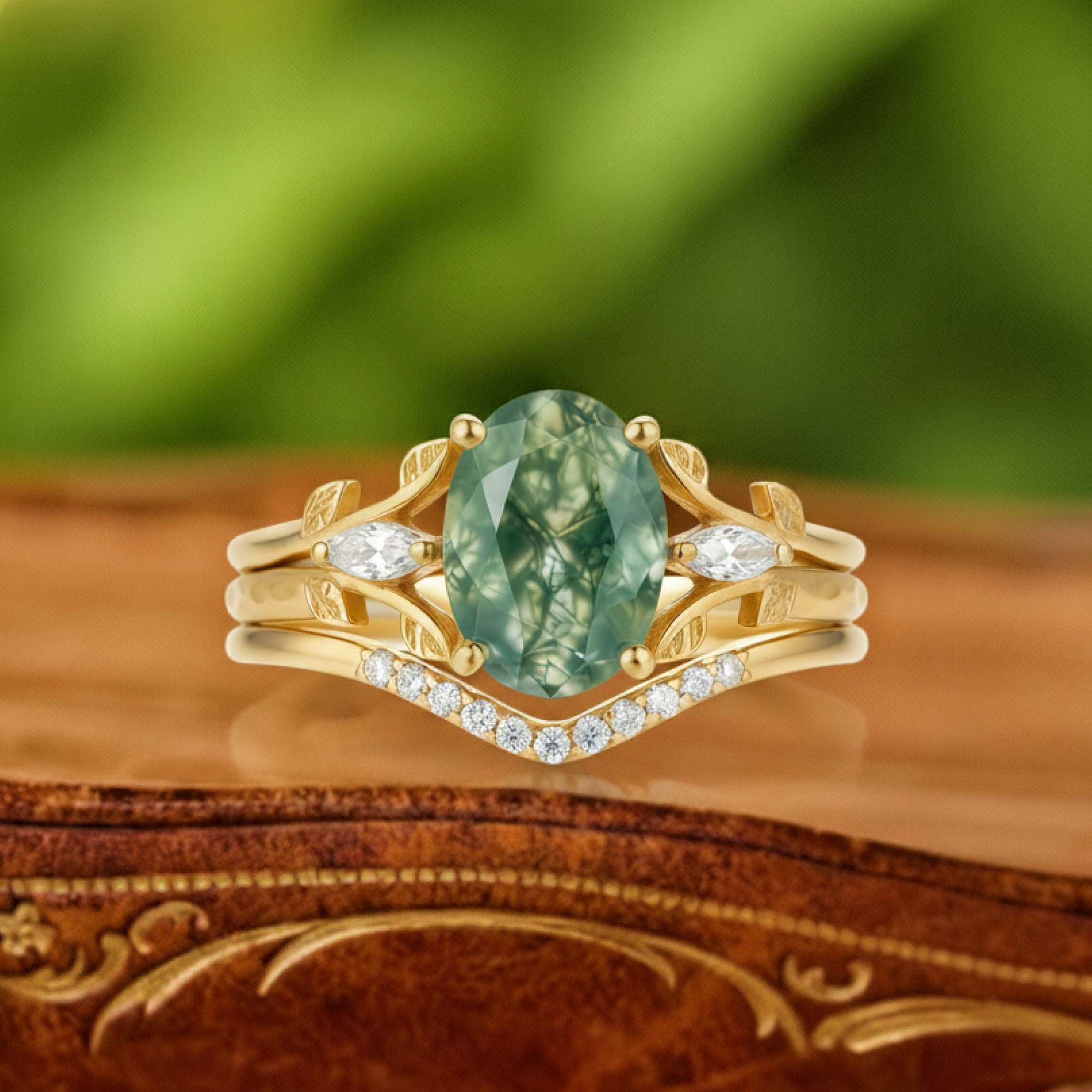 Heartwood Solitaire | Oval Moss Agate & Marquise Moissanite Statement Ring in Yellow Gold - Forest Canvas